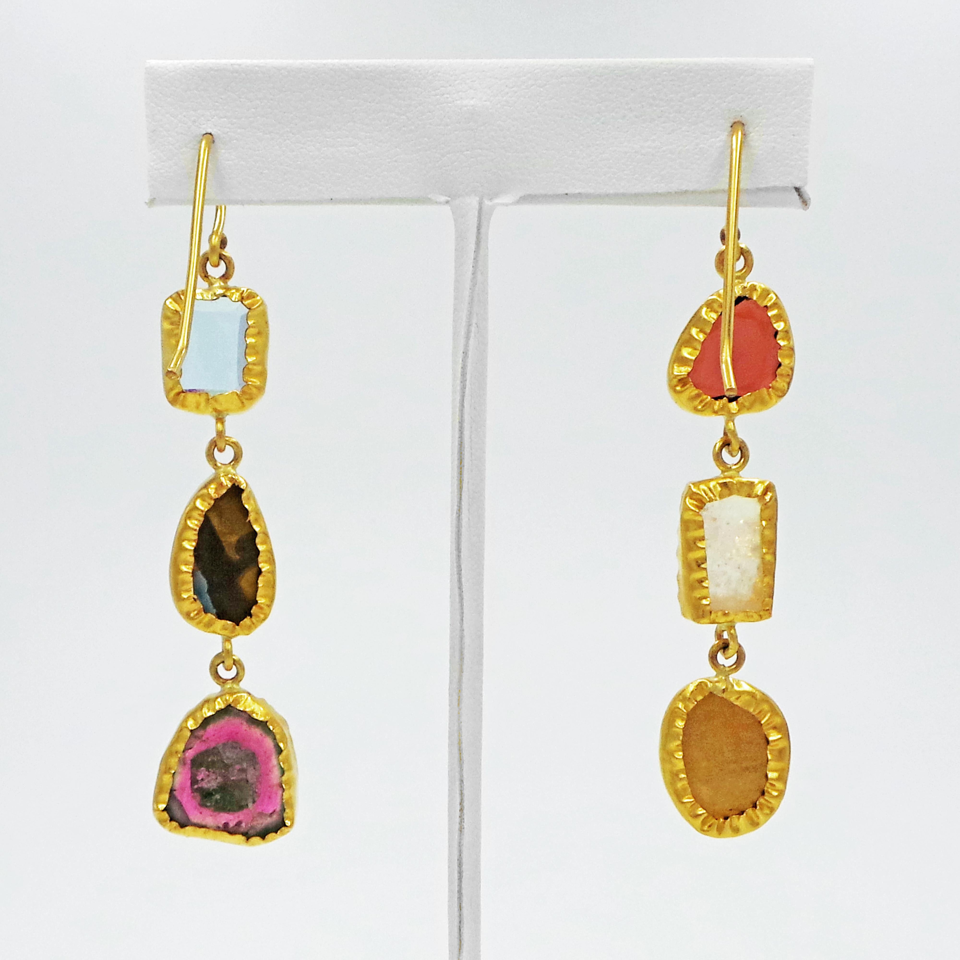 Multi-Gemstone 22 Karat Gold Asymmetrical Dangle Earrings 1