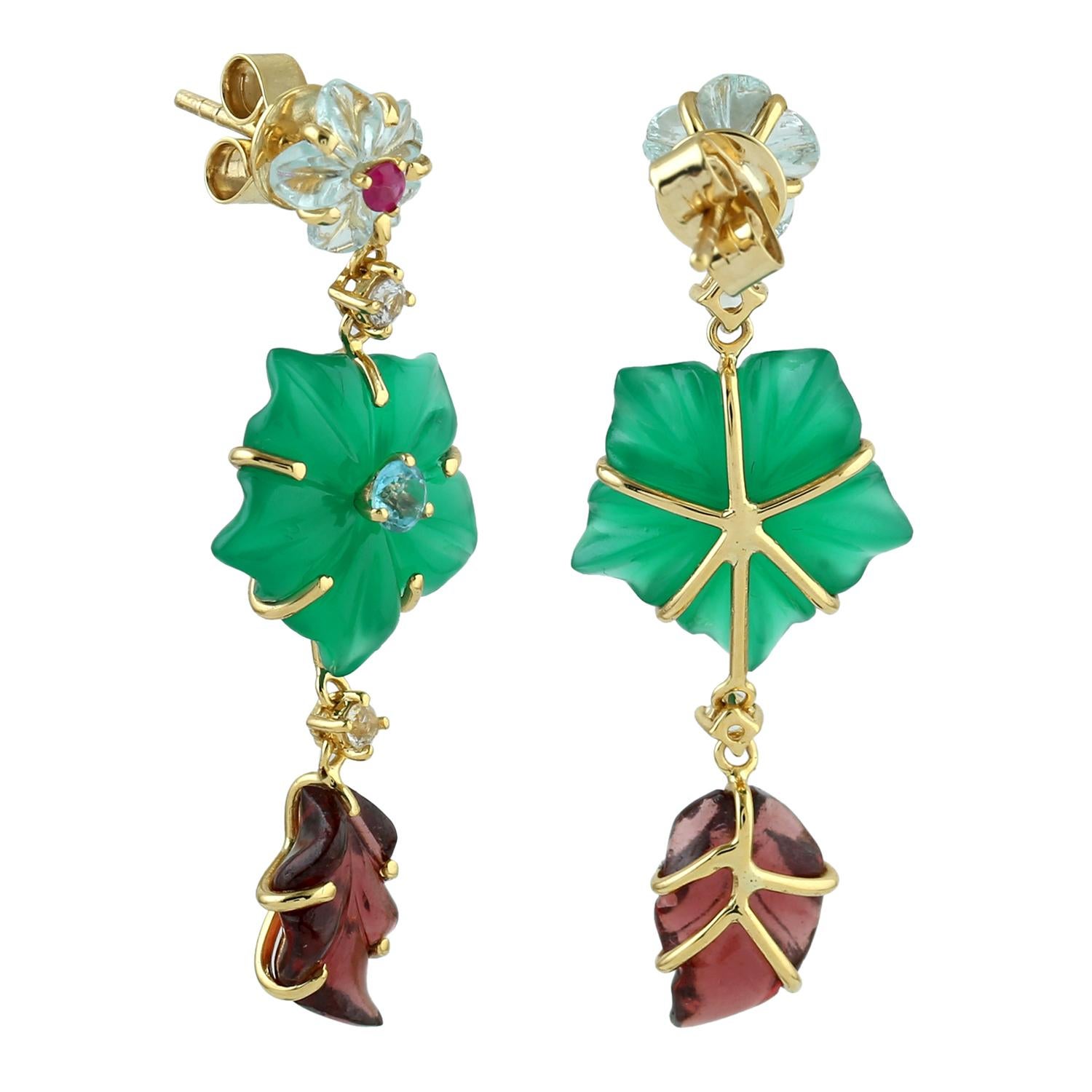 Artisan Multi Gemstone 3 Tier Flower Carving Dangle Earrings Made In 18k Yellow Gold