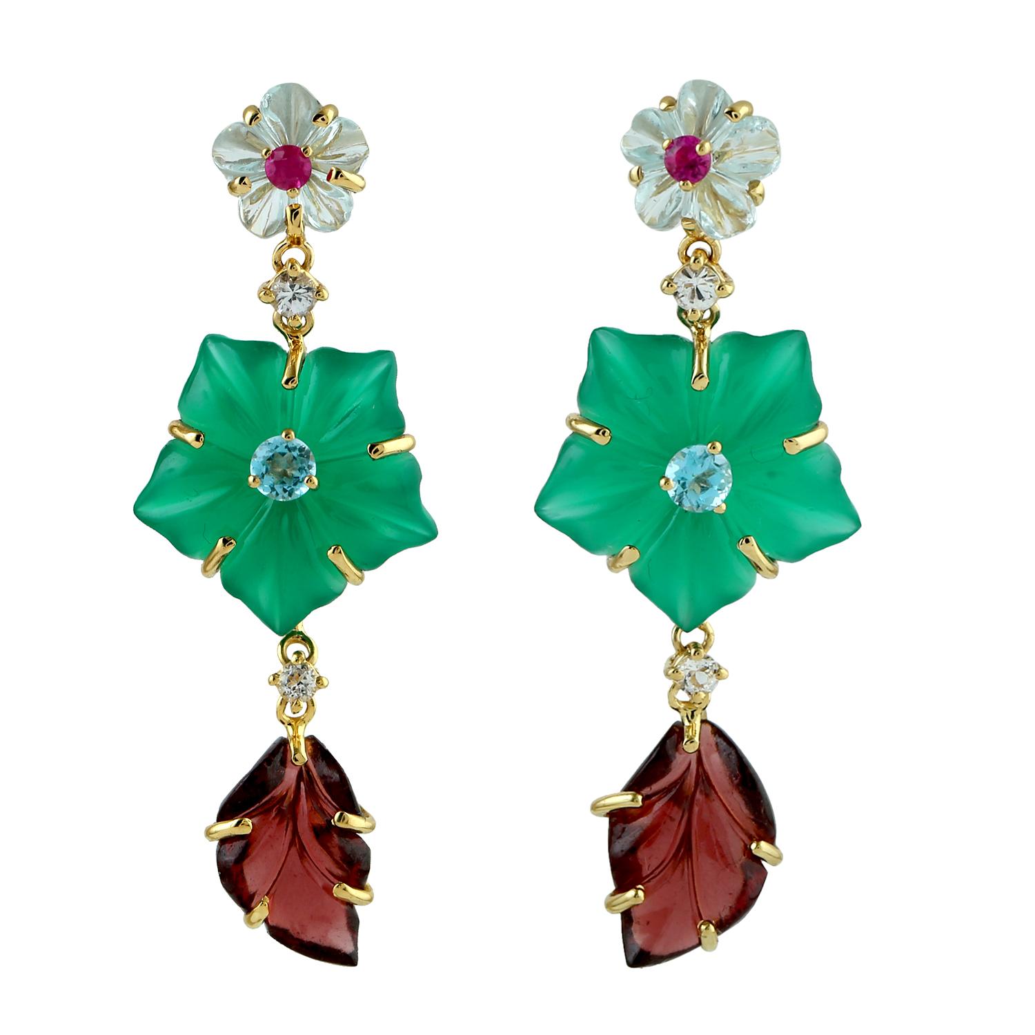 Mixed Cut Multi Gemstone 3 Tier Flower Carving Dangle Earrings Made In 18k Yellow Gold