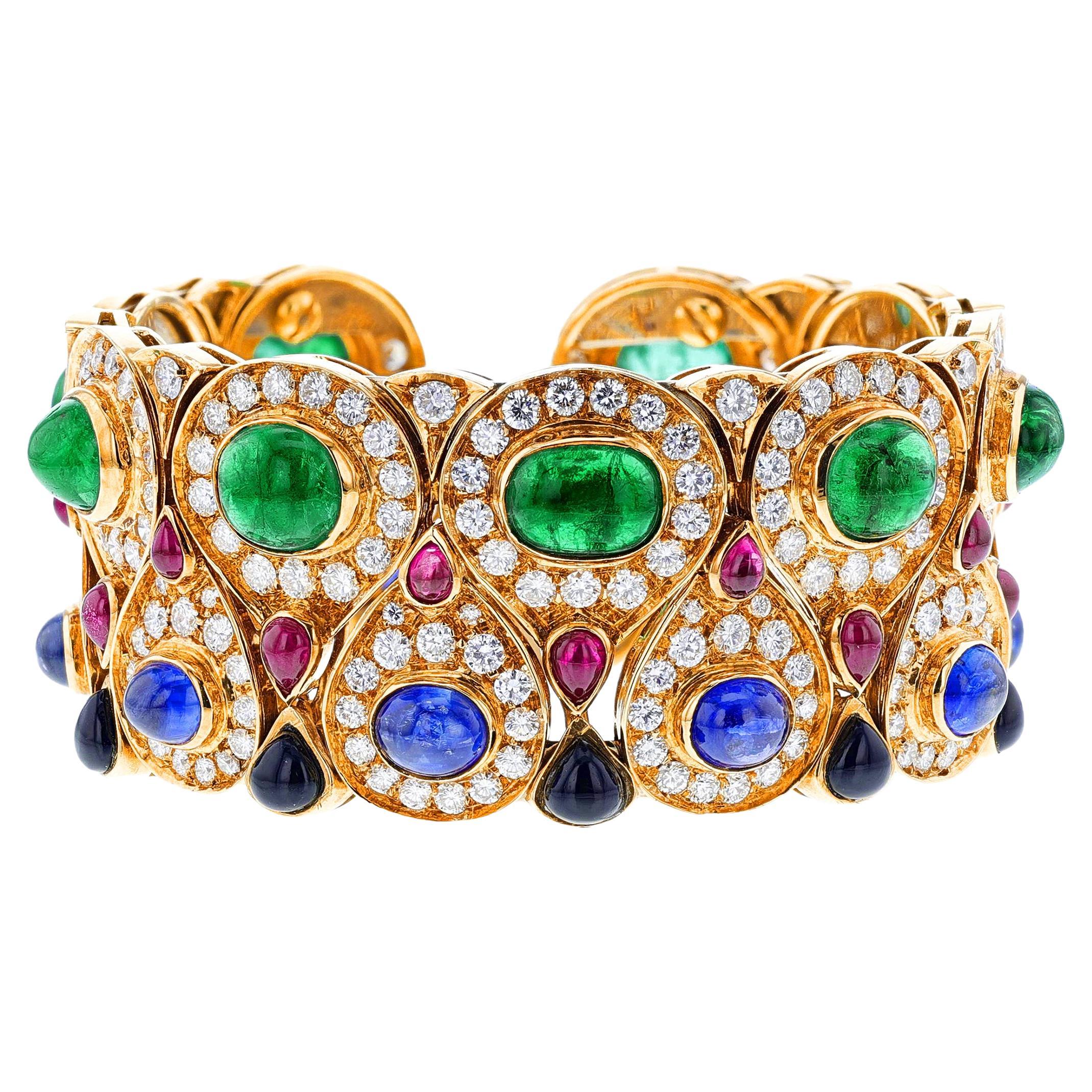 Multi-Gemstone Adjustable Bangle with Emerald, Diamond, Ruby, Sapphire and Onyx For Sale