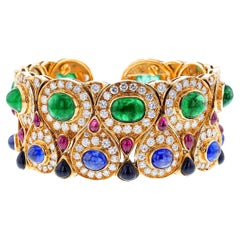 Vintage Multi-Gemstone Adjustable Bangle with Emerald, Diamond, Ruby, Sapphire and Onyx