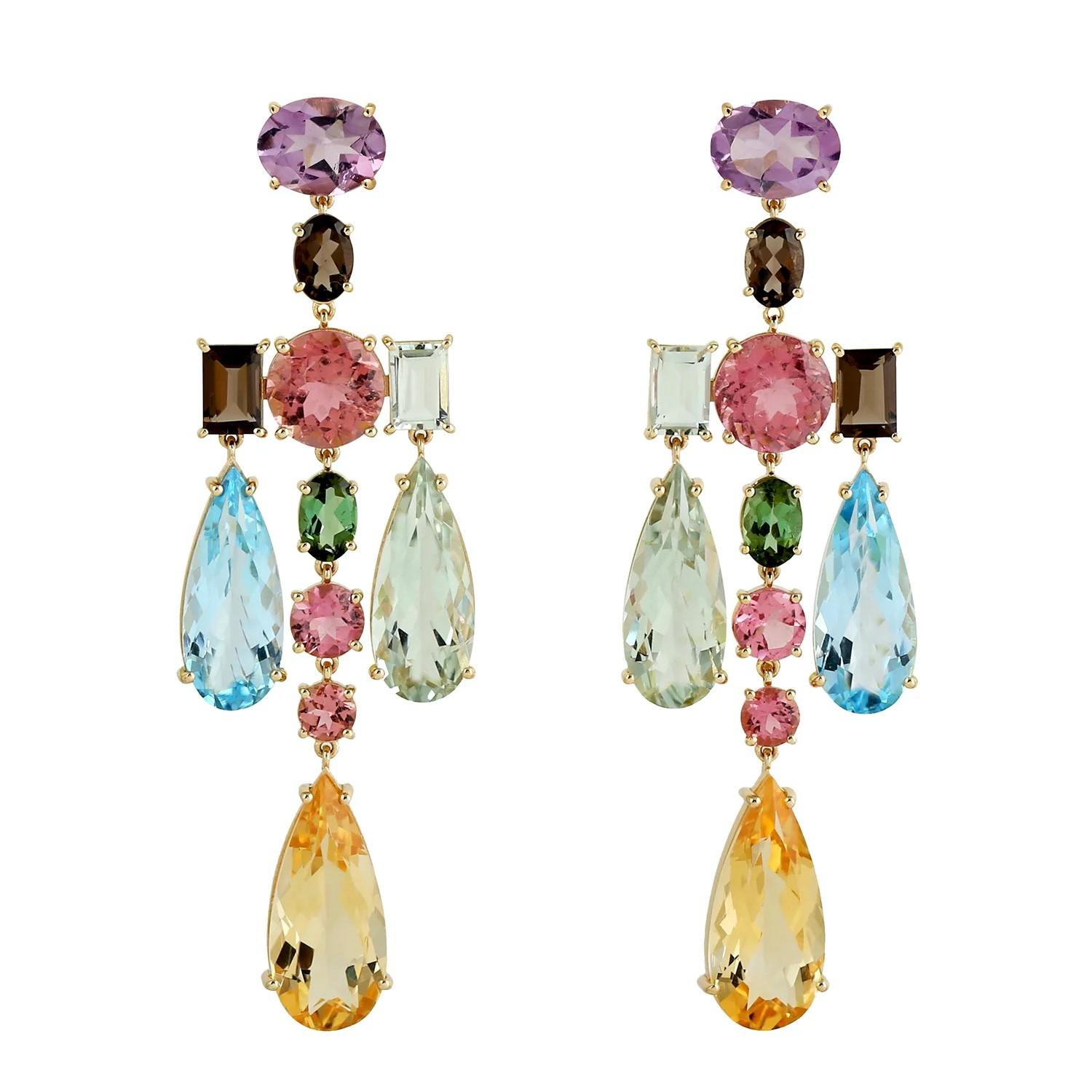 Contemporary Meghna Jewels Multi Gemstone Amethyst Citrine 18K Gold Mosaic Earrings For Sale