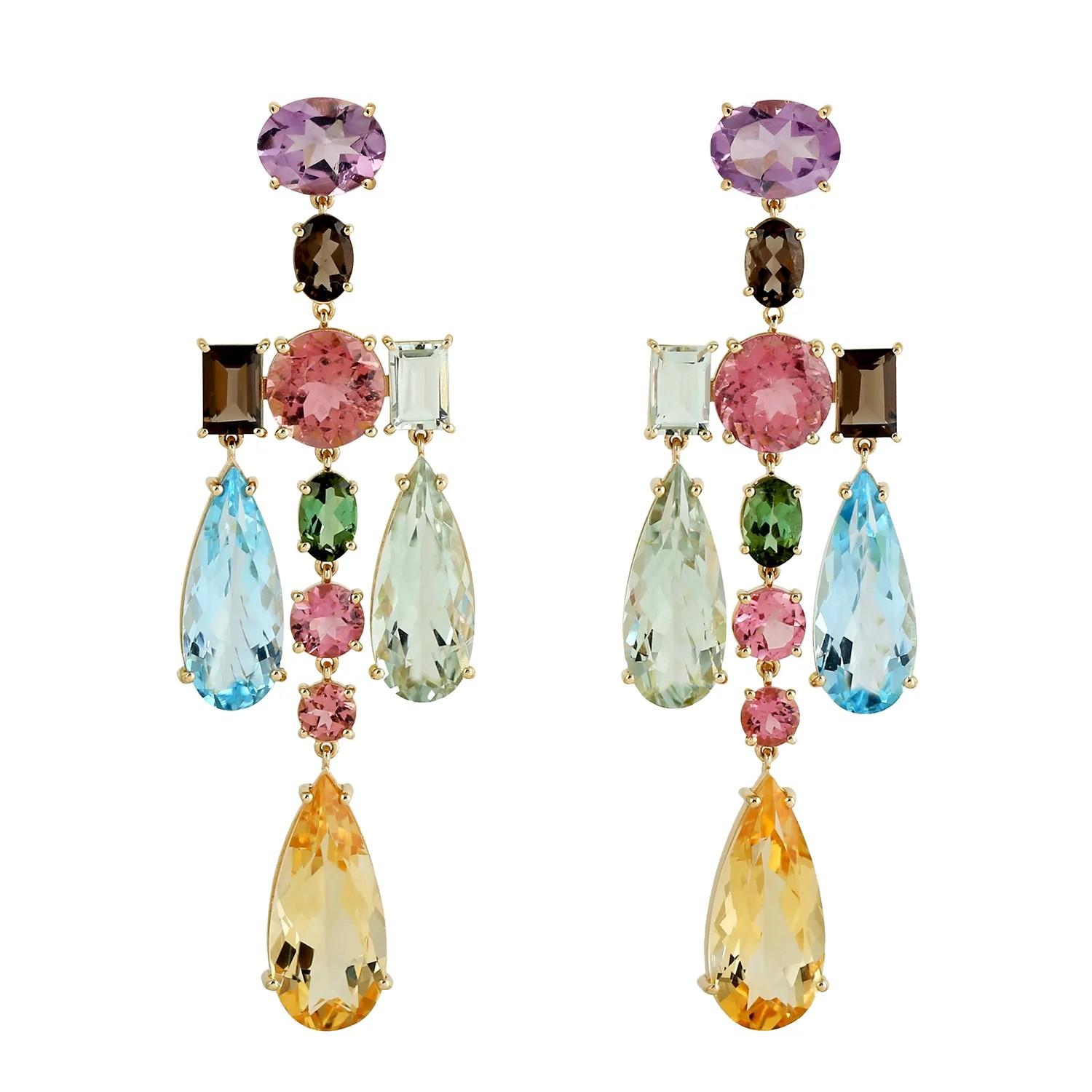 Meghna Jewels Multi Edelstein Amethyst Citrin 14K Gold Mosaik Ohrringe (Zeitgenössisch) im Angebot