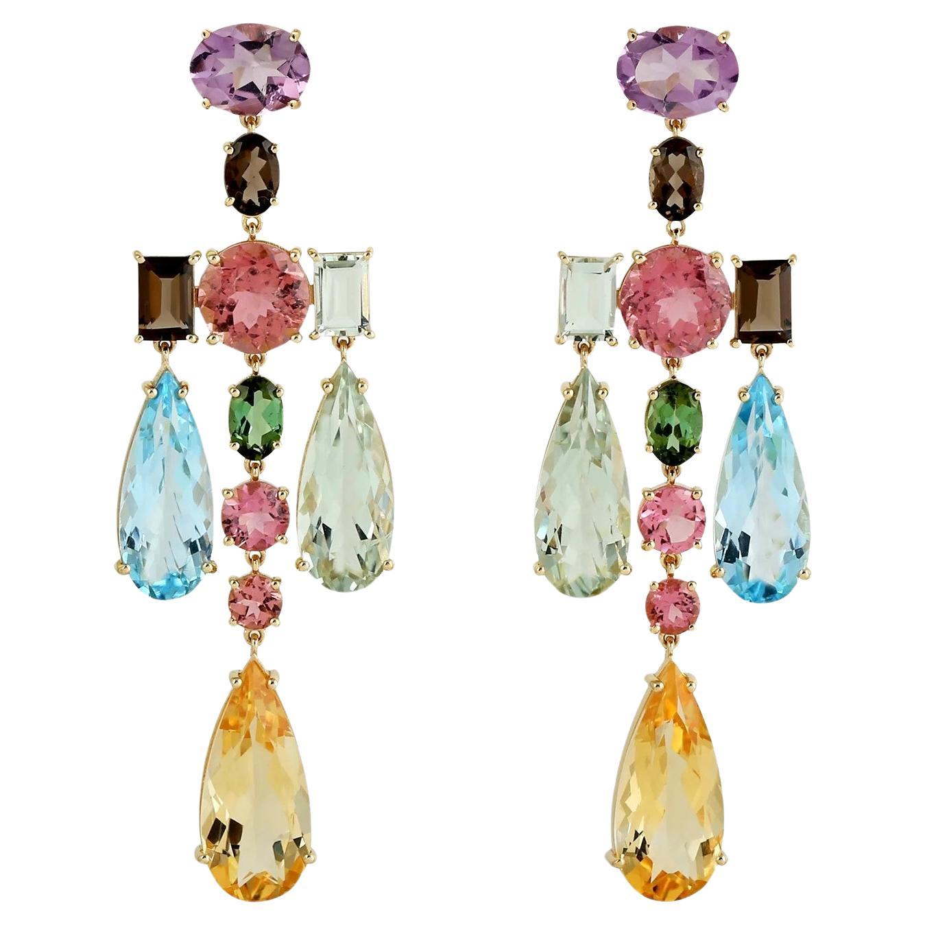 Meghna Jewels Multi Edelstein Amethyst Citrin 14K Gold Mosaik Ohrringe im Angebot