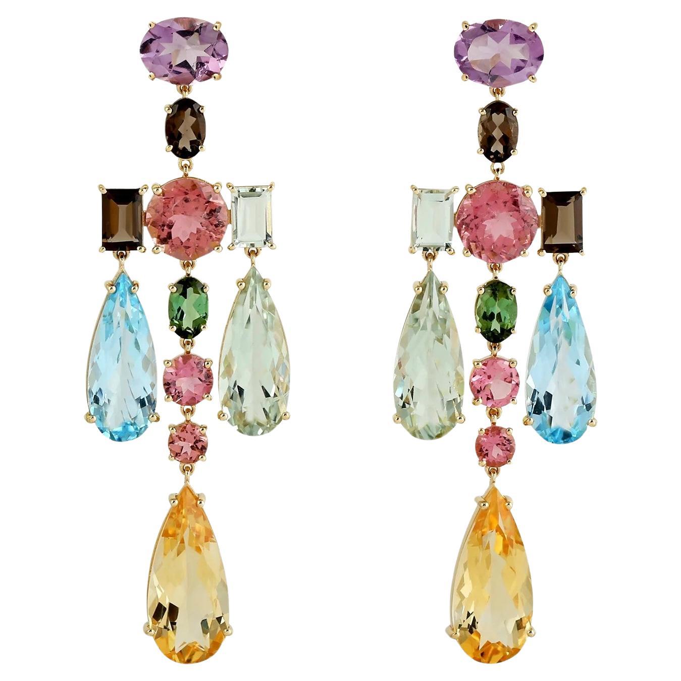 Meghna Jewels Multi Gemstone Amethyst Citrine 18K Gold Mosaic Earrings For Sale