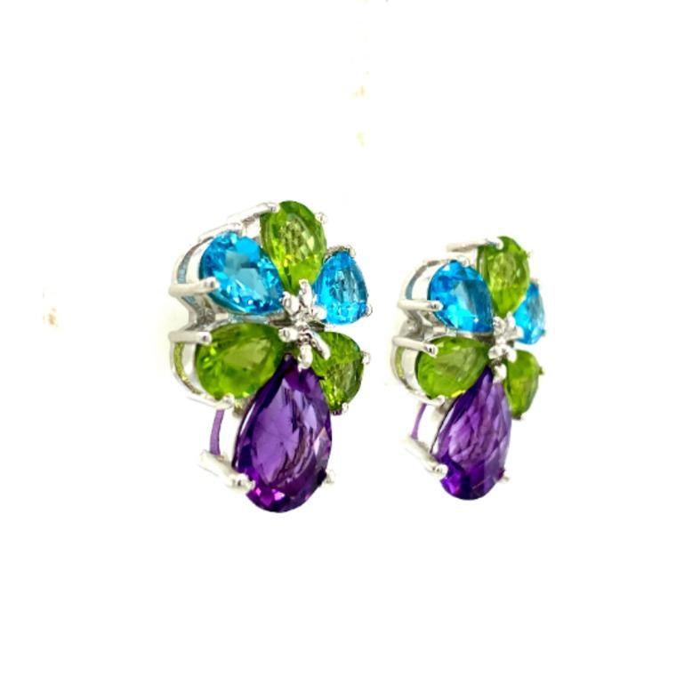 Art Deco Multi Gemstone Amethyst, Topaz and Peridot Earrings for Her in Sterling Silver For Sale