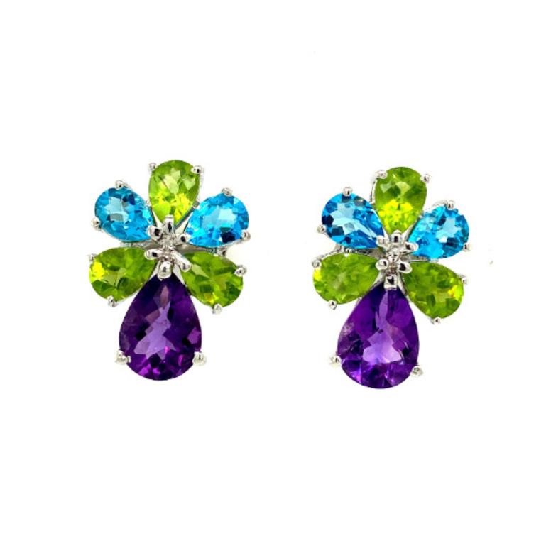 Pear Cut Multi Gemstone Amethyst, Topaz and Peridot Earrings for Her in Sterling Silver For Sale