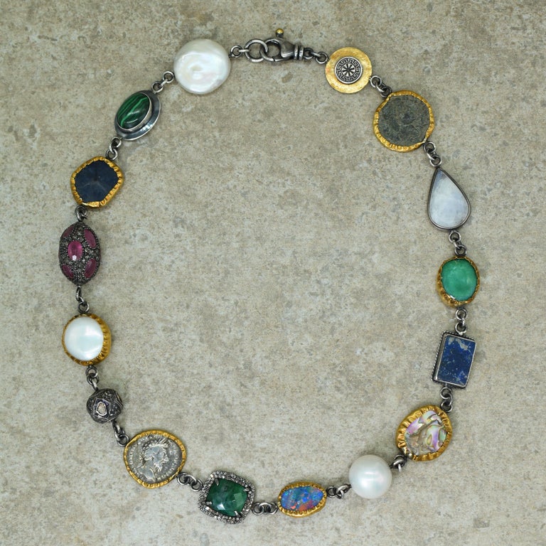 Contemporary Multi-Gemstone, Ancient Coin, 24 Karat Gold and Sterling Silver Link Necklace For Sale