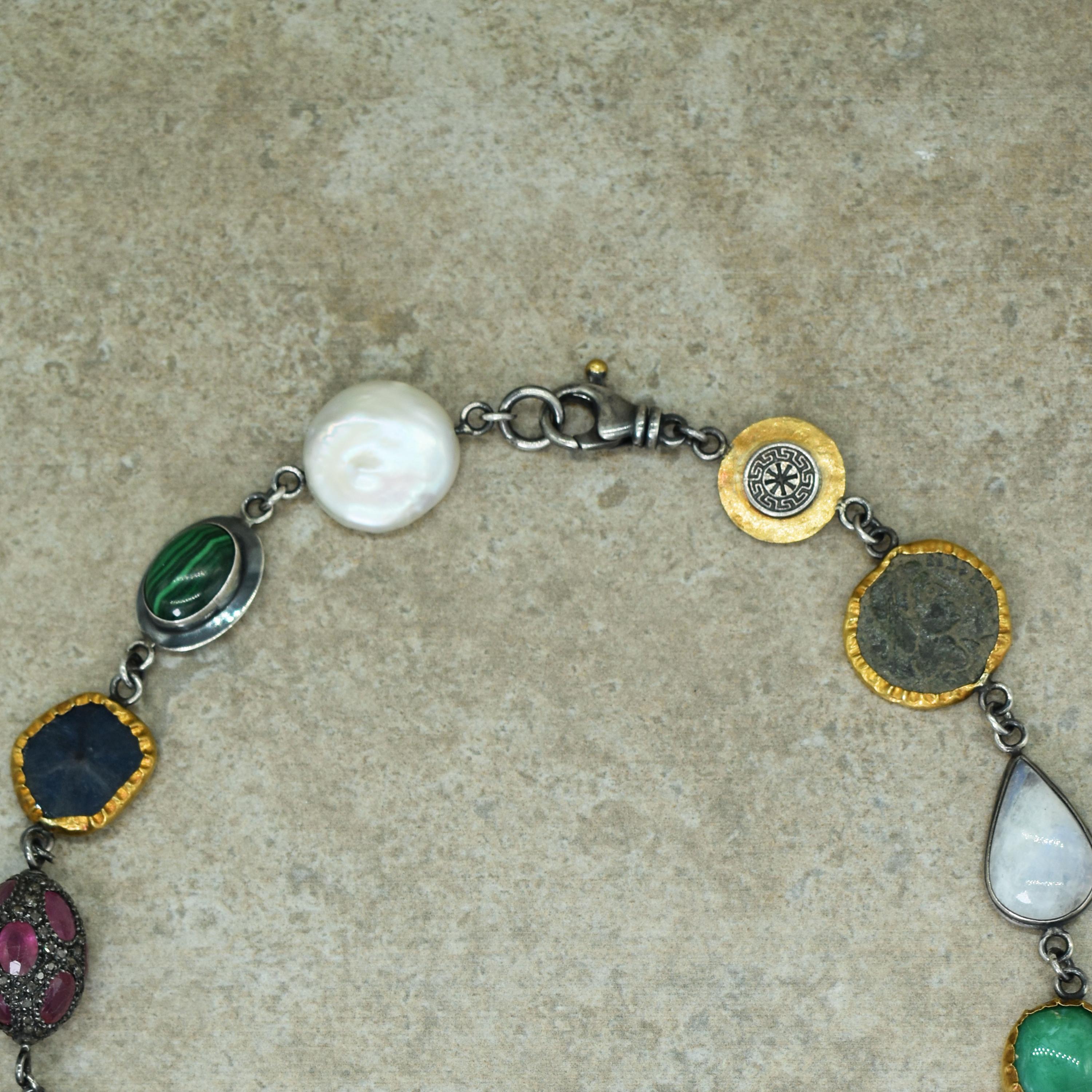 Contemporary Multi-Gemstone, Ancient Coin, 24 Karat Gold and Sterling Silver Link Necklace