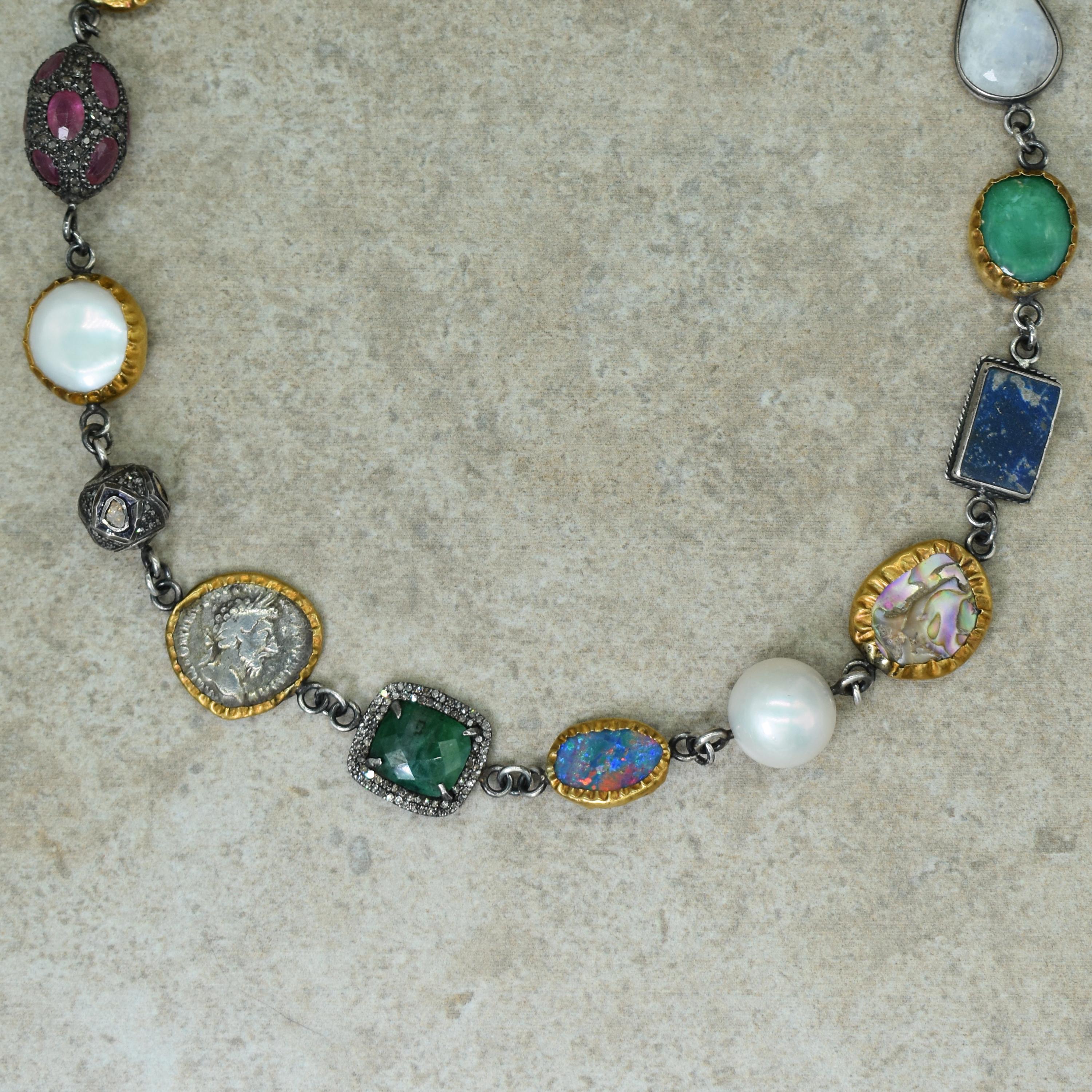 Rose Cut Multi-Gemstone, Ancient Coin, 24 Karat Gold and Sterling Silver Link Necklace