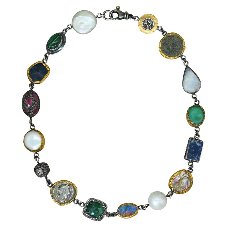 Multi-Gemstone, Ancient Coin, 24 Karat Gold and Sterling Silver Link Necklace For Sale
