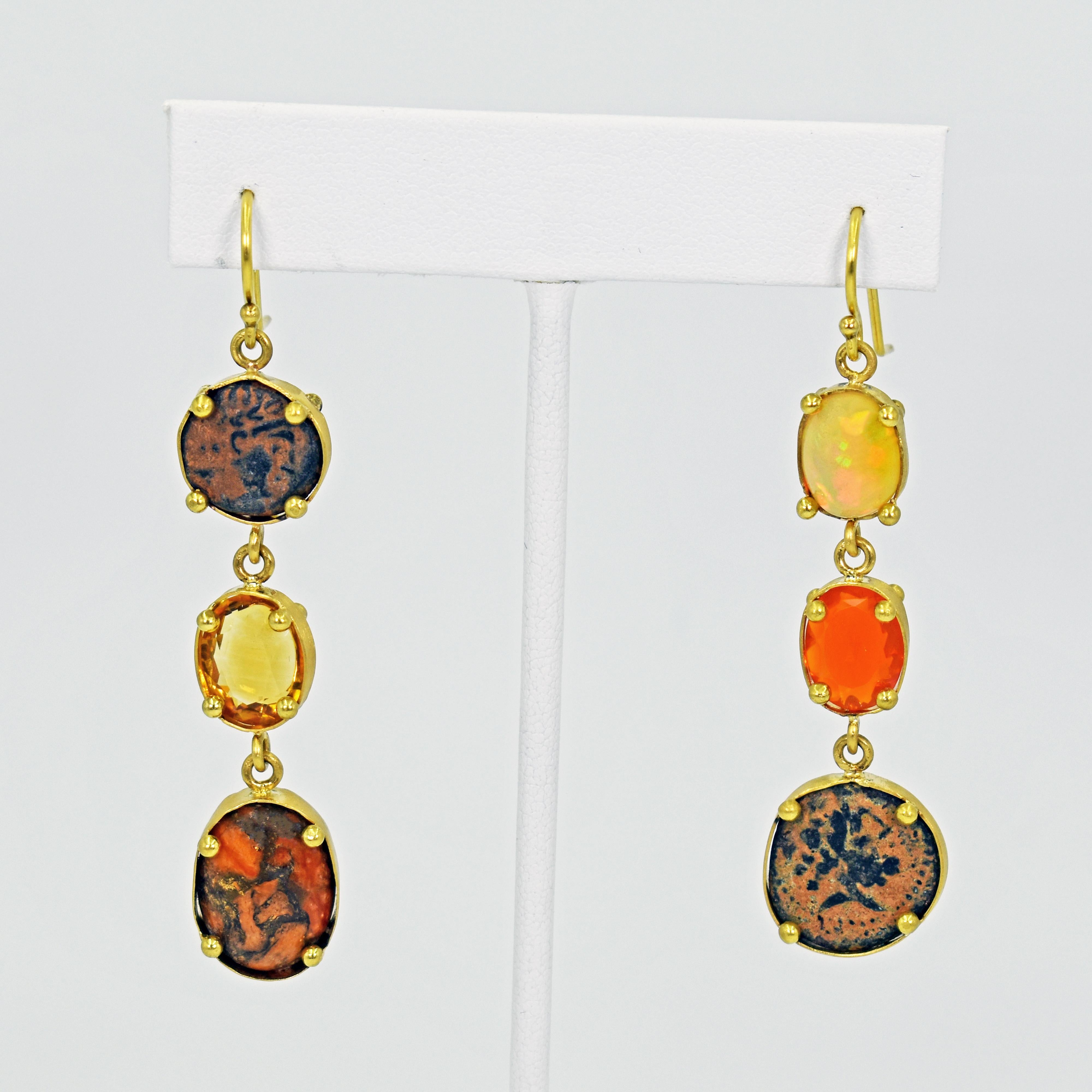 Contemporary Multi-Gemstone and Ancient Coin 22 Karat Gold Asymmetrical Dangle Earrings