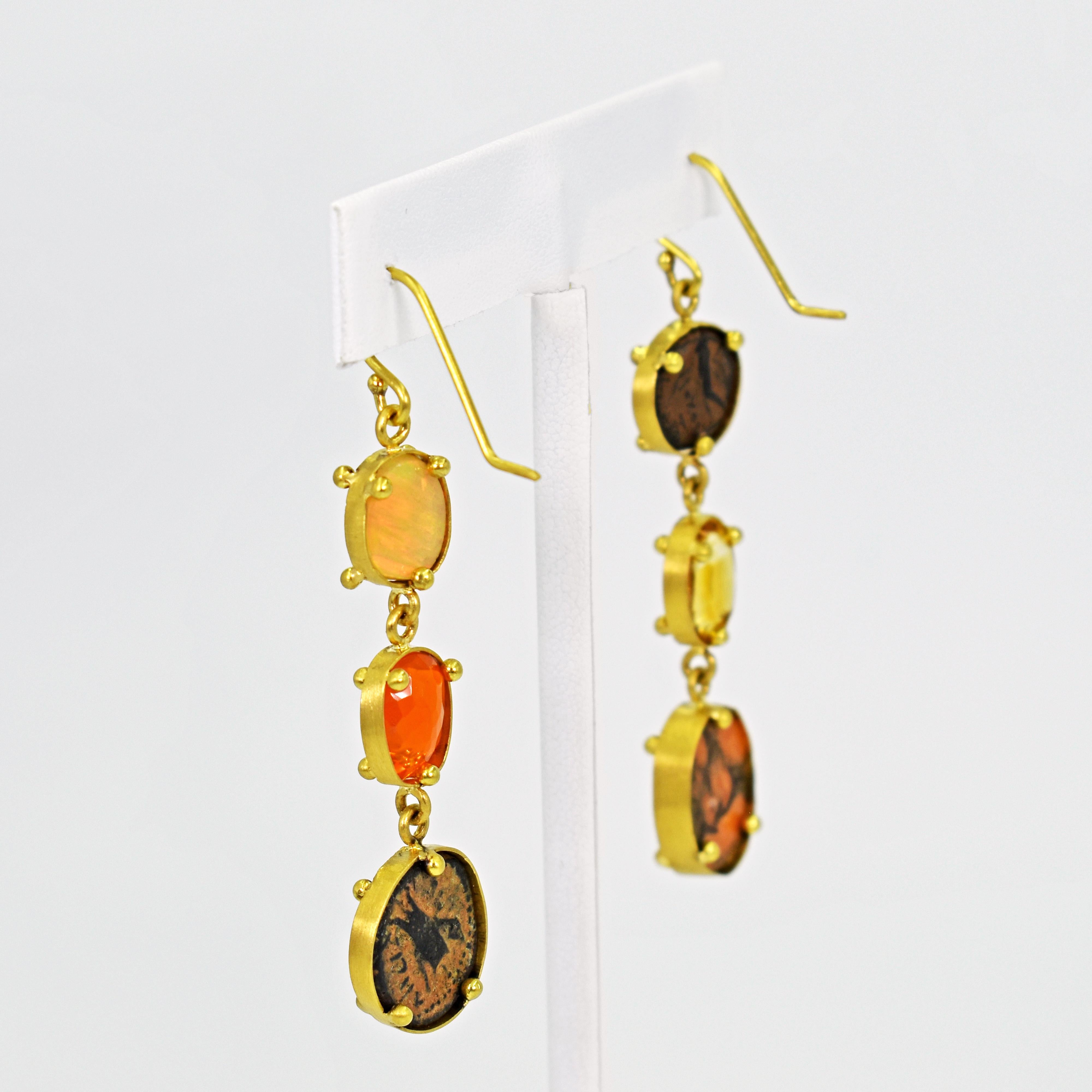 Multi-Gemstone and Ancient Coin 22 Karat Gold Asymmetrical Dangle Earrings In New Condition In Naples, FL