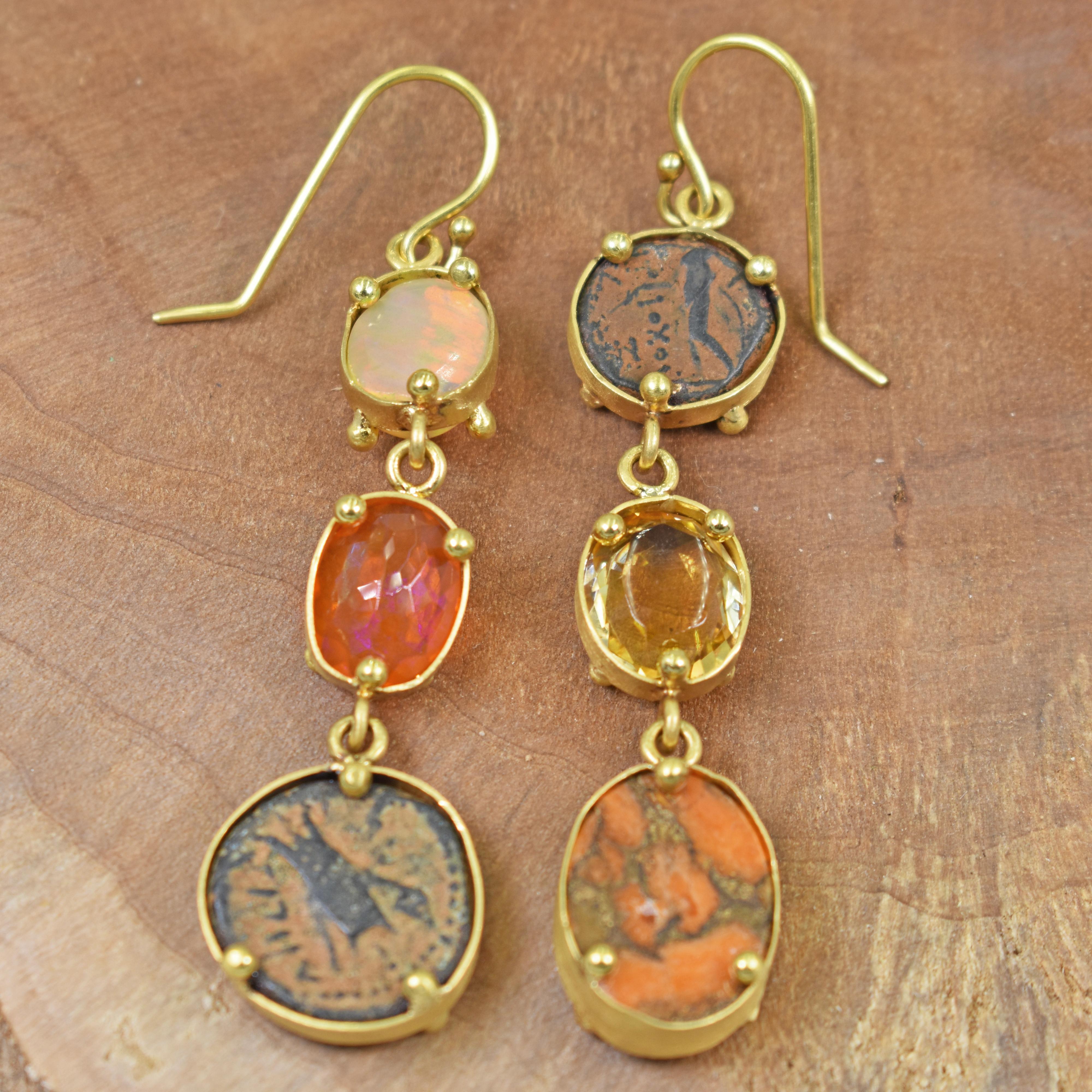 Women's Multi-Gemstone and Ancient Coin 22 Karat Gold Asymmetrical Dangle Earrings