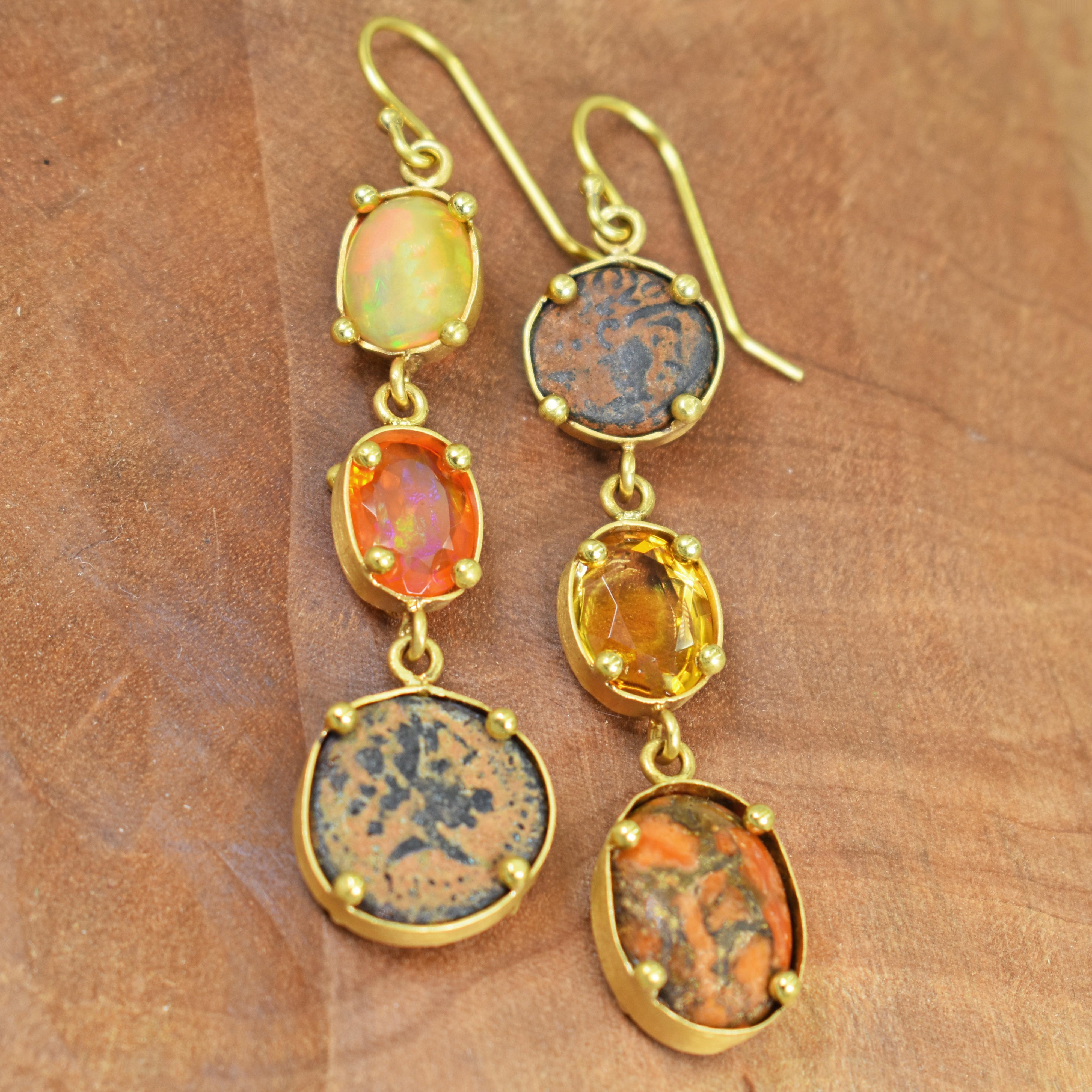 Multi-Gemstone and Ancient Coin 22 Karat Gold Asymmetrical Dangle Earrings 1