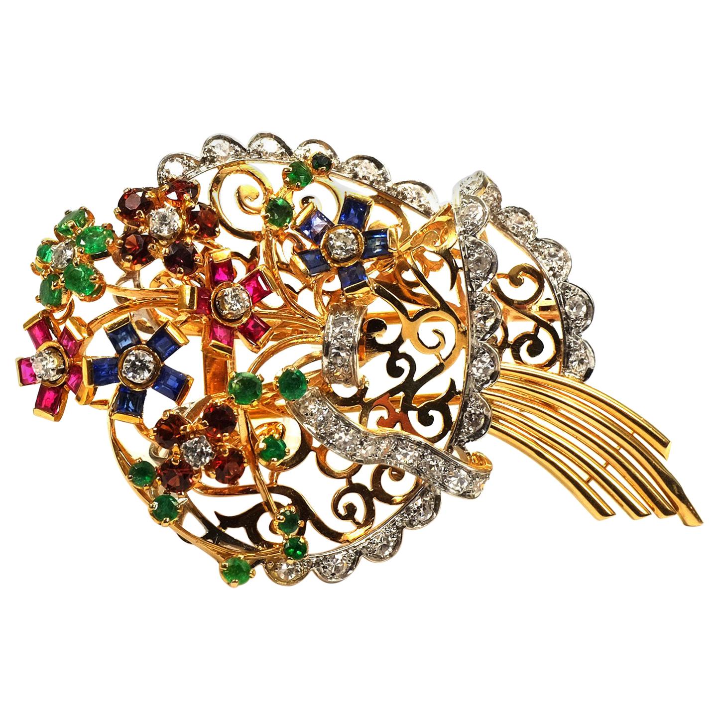 Multi Gemstone and Diamond 18 Karat Gold Flower Bouquet Clip Brooch, Paris, 1940