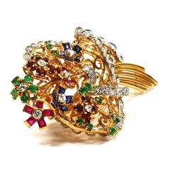 Multi Gemstone and Diamond 18 Karat Gold Flower Bouquet Clip Brooch, Paris, 1940