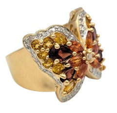 Multi Gemstone and Diamond Butterfly Motif Cocktail Ring in 14 Karat Yellow Gold