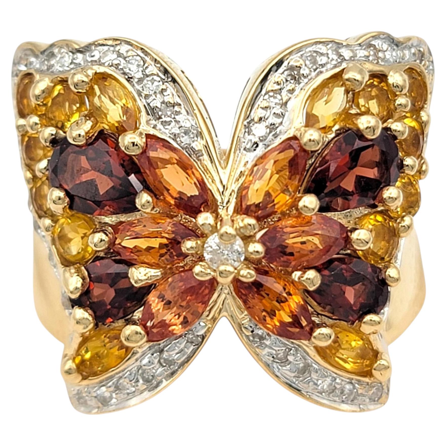 Multi Gemstone and Diamond Butterfly Motif Cocktail Ring in 14 Karat Yellow Gold For Sale