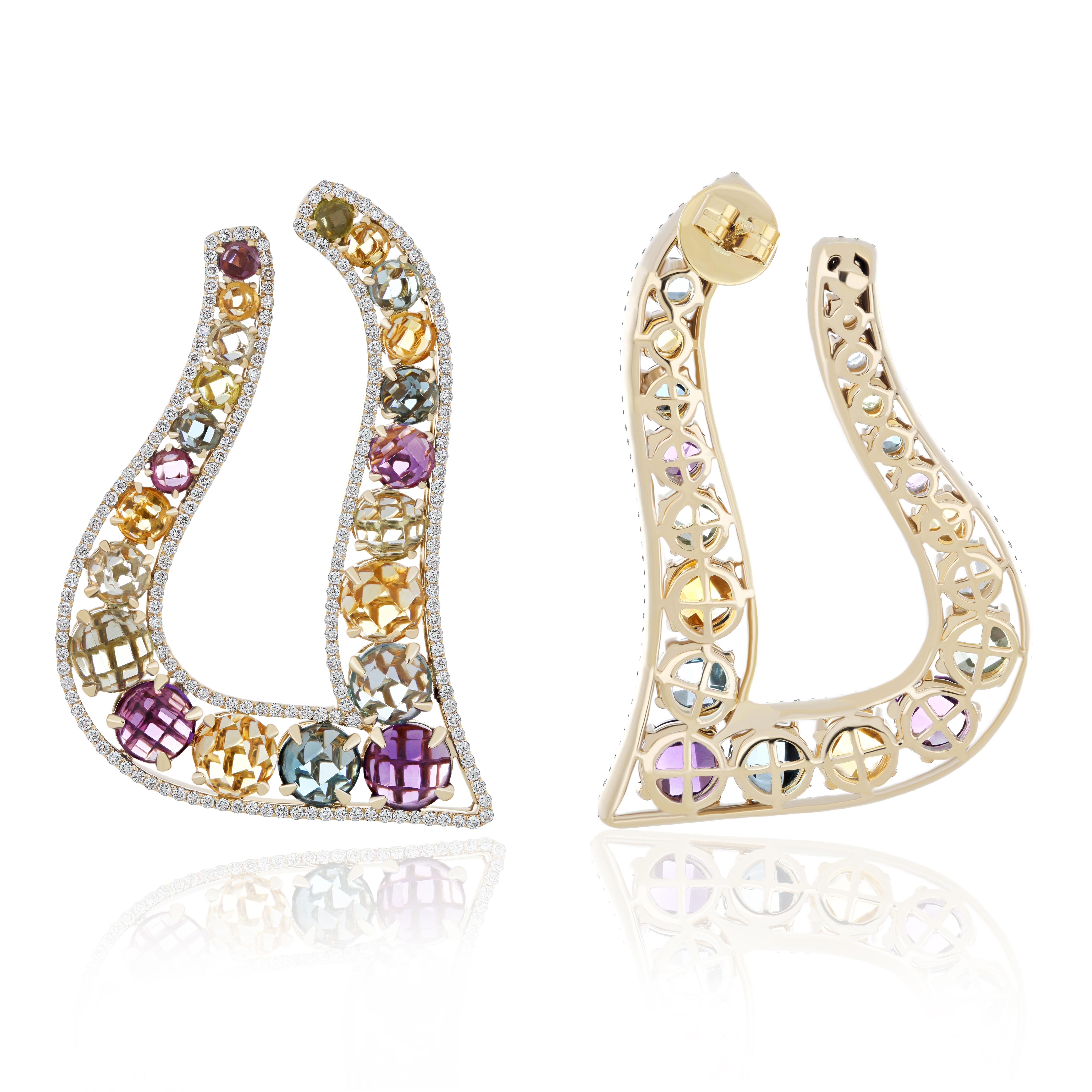 Taille ronde Boucles d'oreilles en or jaune 14k avec pierres précieuses et diamants pour les femmes en soirée en vente
