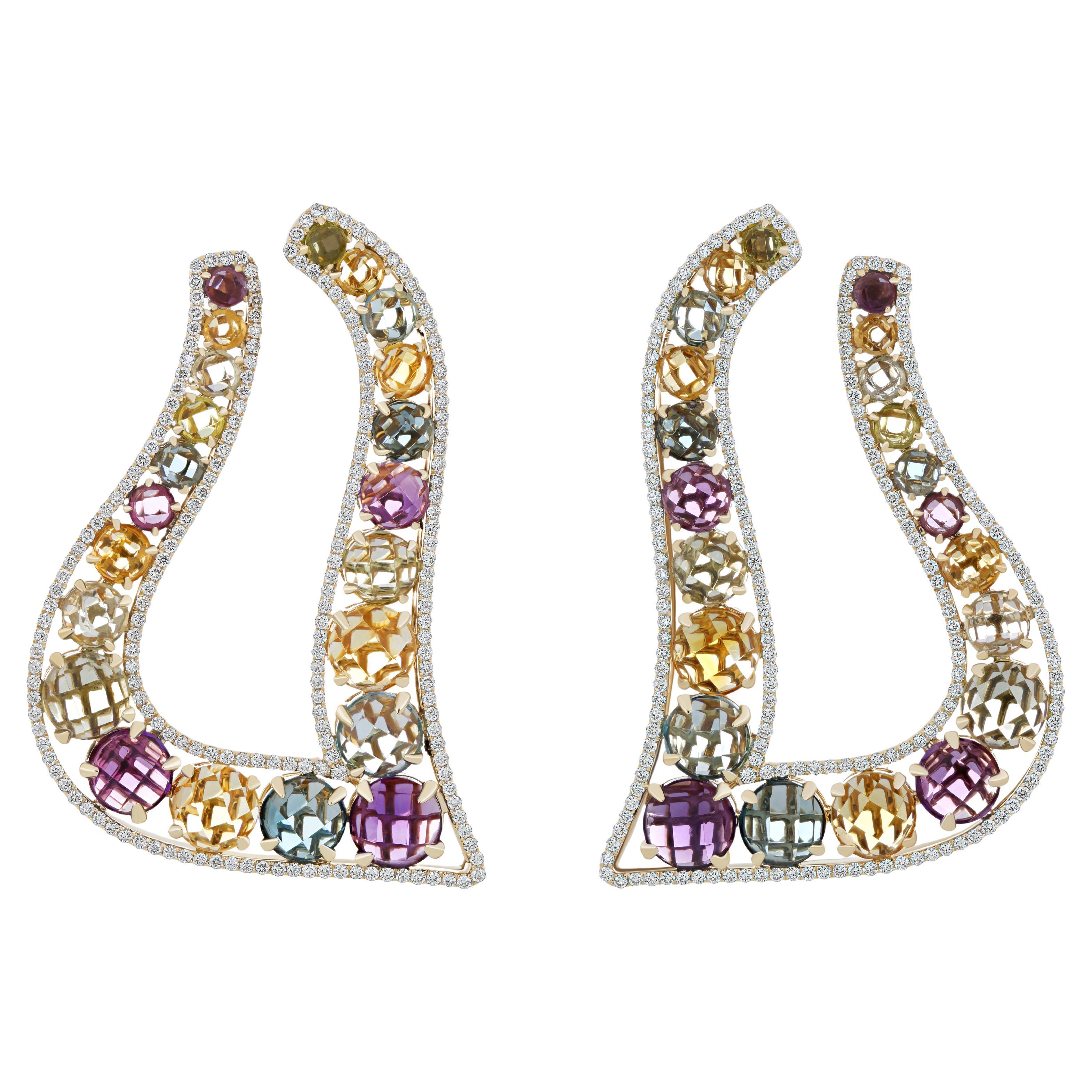 Multi-Gemstone and Diamond Earring in 14k Yellow Gold for Womens Party Wear