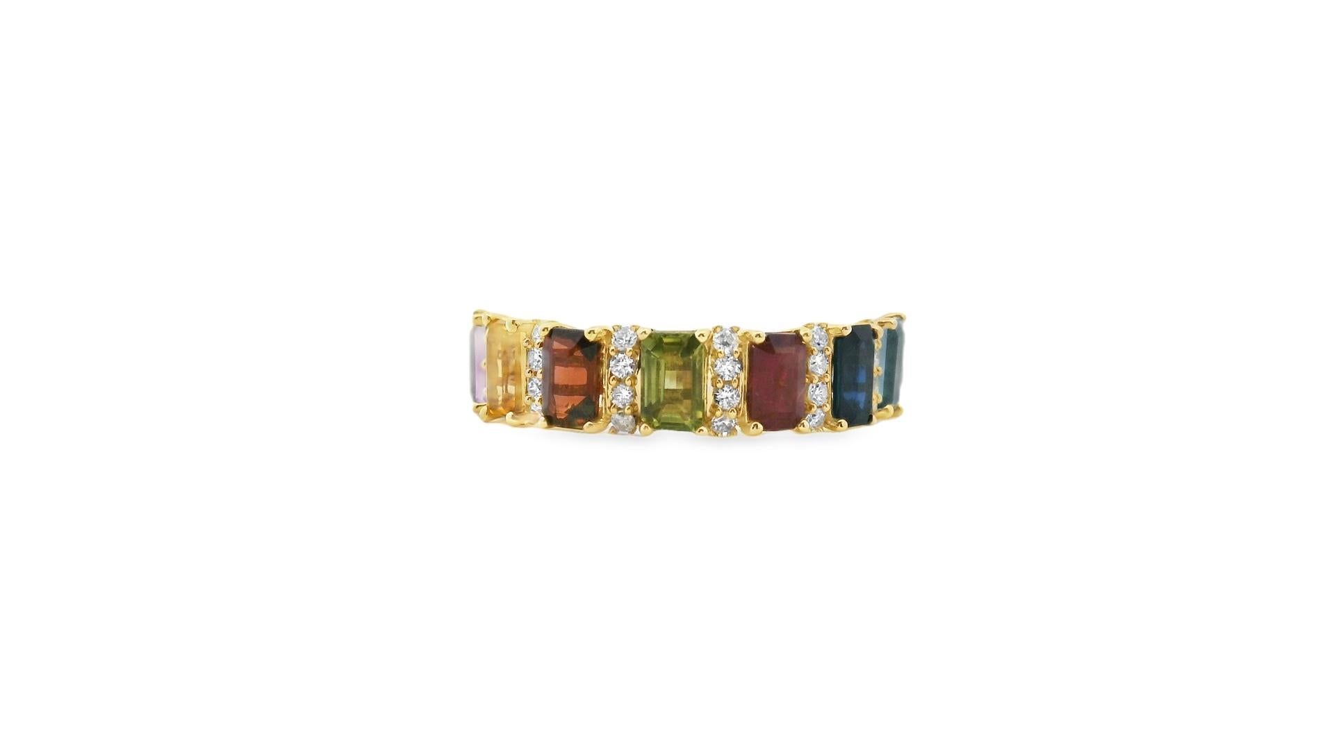 Multi-Gemstone and Diamond Rainbow Band Ring 2.37ct in 10K Yellow Gold Size 7 Neuf - En vente à New York, NY