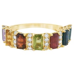 Multi-Gemstone and Diamond Rainbow Band Ring 2.37ct in 10K Yellow Gold Size 7