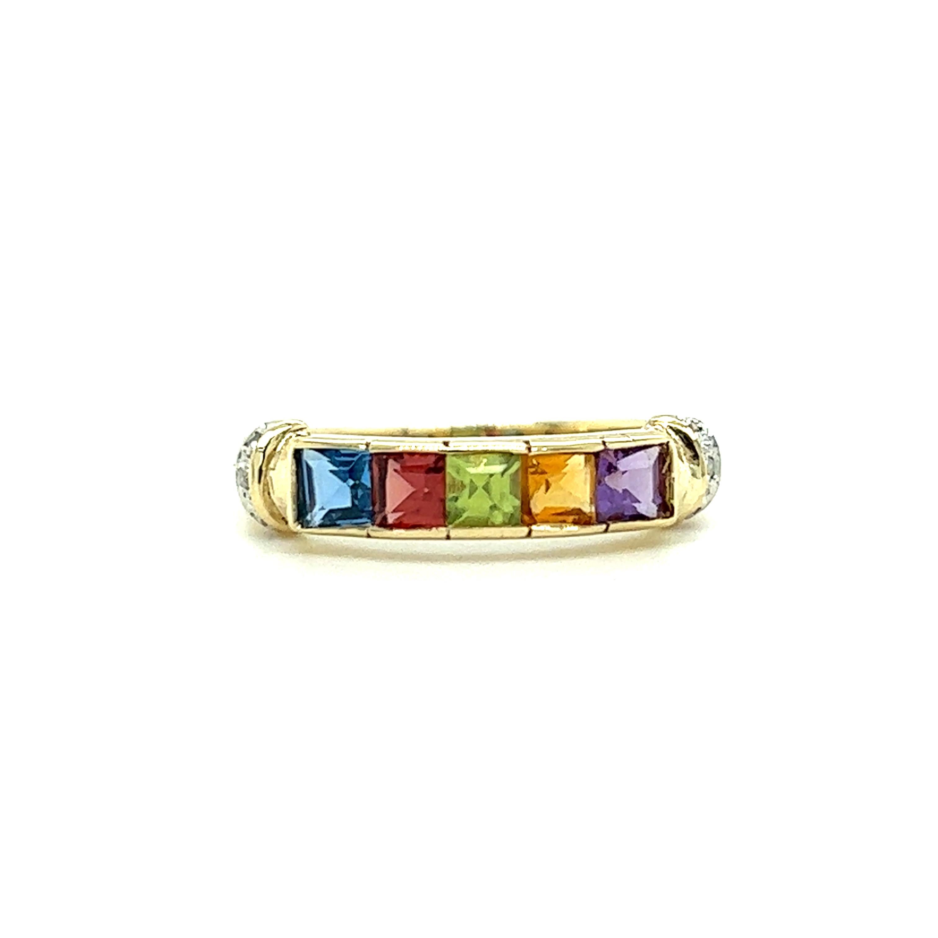One 14 karat yellow gold ring, channel set with five 5.3mm square cut gemstones, one citrine, one amethyst, one peridot, one pink tourmaline, and one blue topaz, and six (6) brilliant cut diamonds, approximately .03 carat total weight with matching