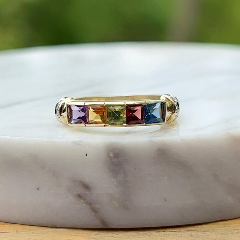Multi-Gemstone and Diamond Ring in 14k Yellow Gold For Sale at 1stDibs