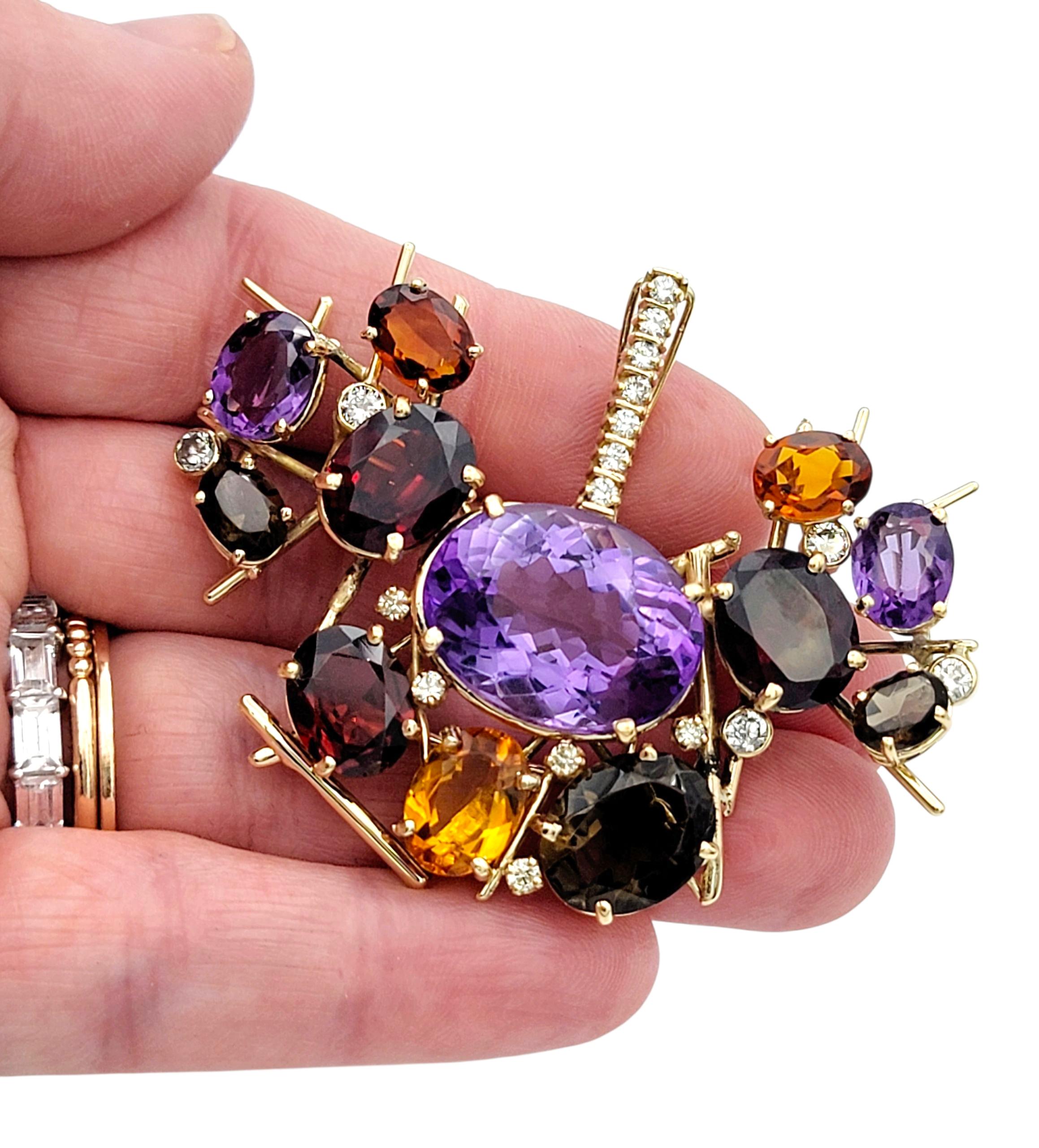 Pendentif / Broche en or jaune 14 carats avec spray de pierres précieuses et de diamants en vente 4