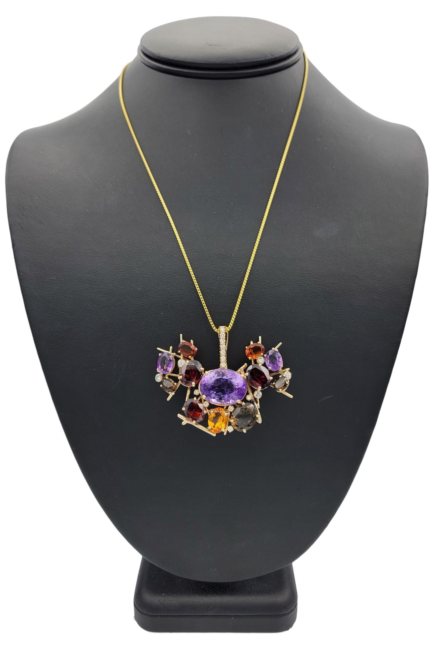 Pendentif / Broche en or jaune 14 carats avec spray de pierres précieuses et de diamants en vente 5