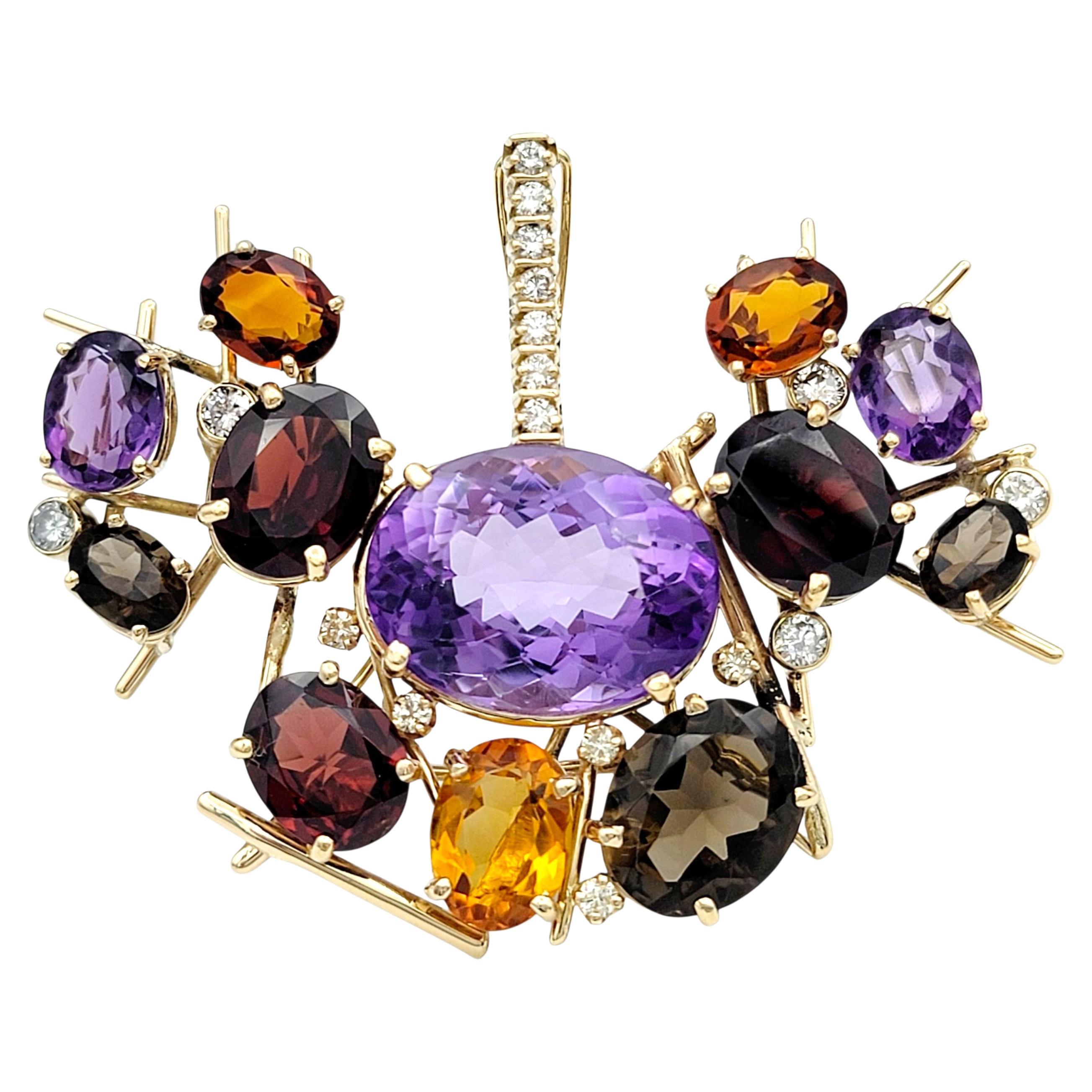 Pendentif / Broche en or jaune 14 carats avec spray de pierres précieuses et de diamants en vente