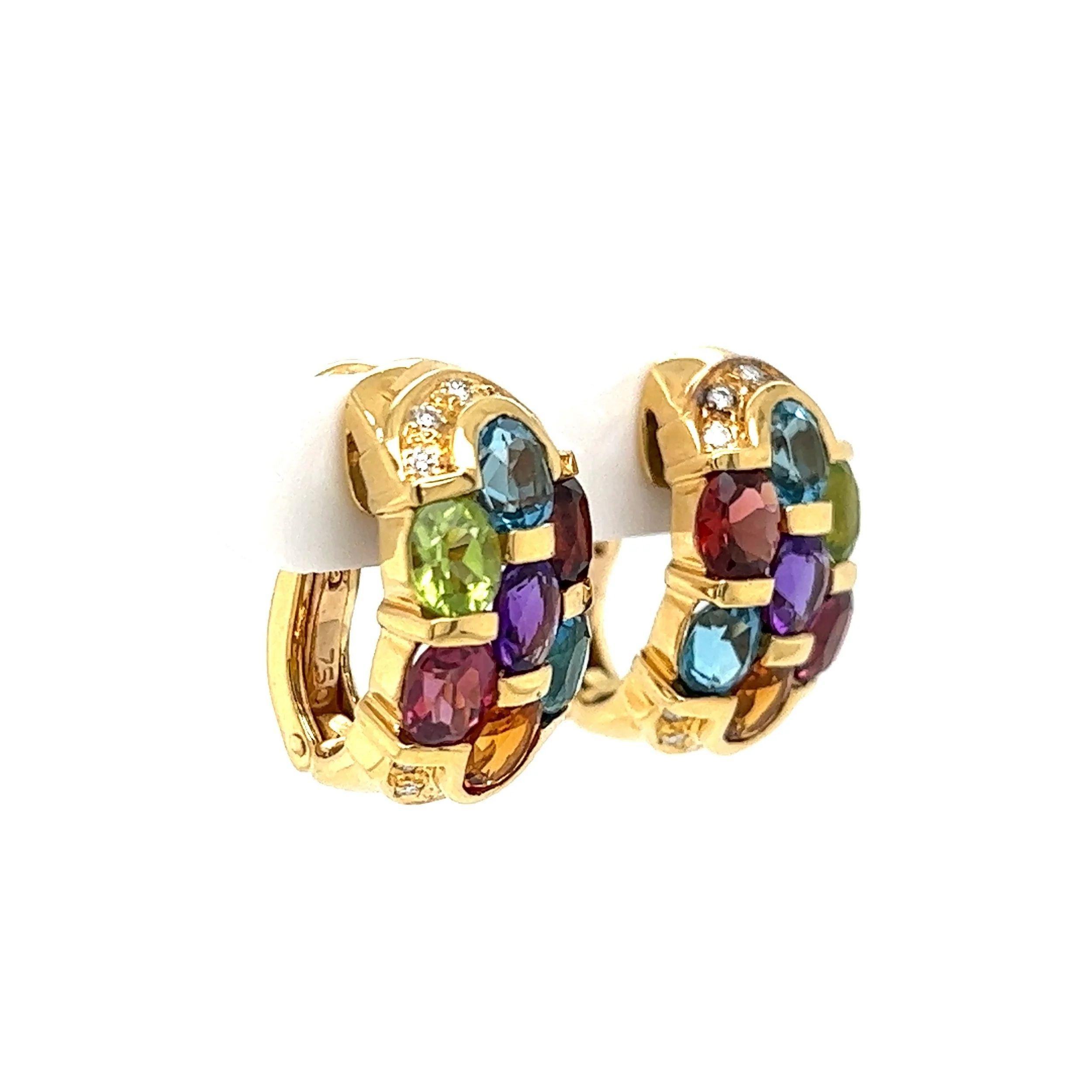 Simply Beautiful! High Quality Finely detailed Multi-Gemstone Topaz, Amethyst, Garnet, Tourmaline, Citrine and Peridot. Weighing approx. 4.50tcw. Accented by Diamonds, approx. 0.20tcw. Hand crafted in 18K Yellow Gold. Post and/or Clip system.