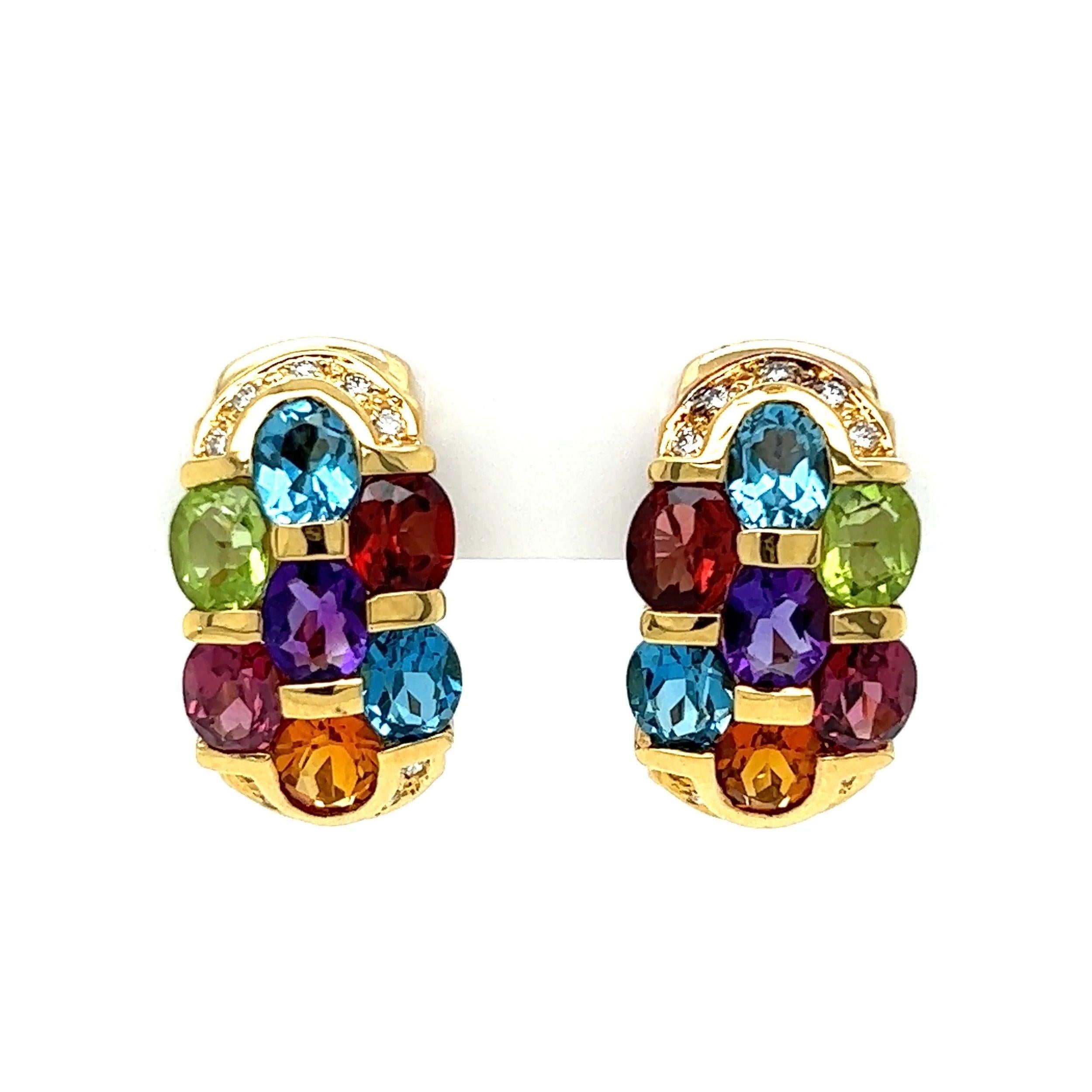 Mixed Cut Multi Gemstone and Diamond Vintage Gold Earrings For Sale