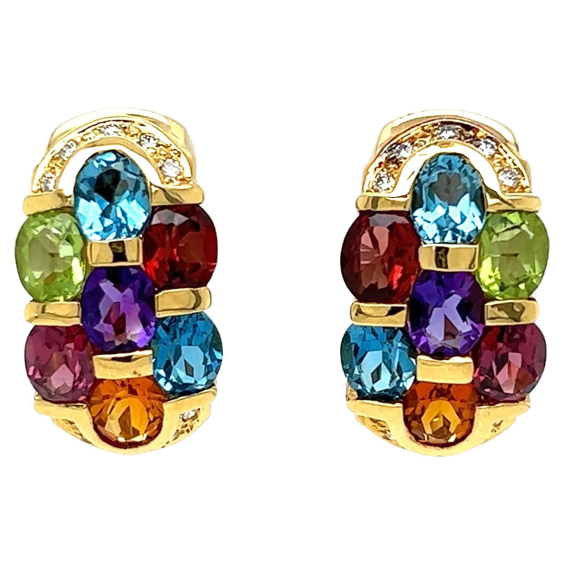 Multi Gemstone and Diamond Vintage Gold Earrings For Sale