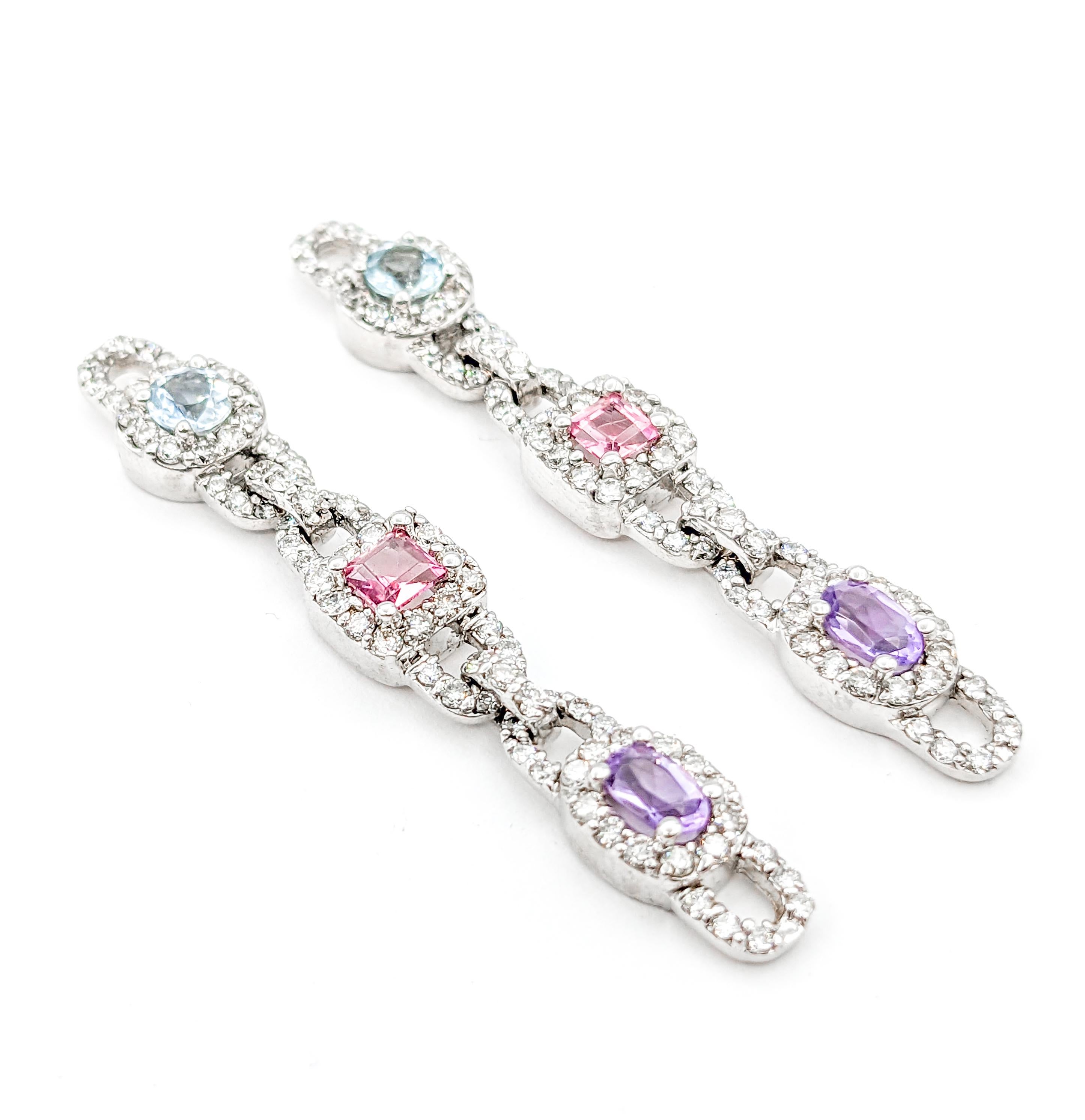 Contemporary Multi-Gemstone Aquamarine, Pink Tourmaline, Amethyst & Diamond Drop Earrings For Sale