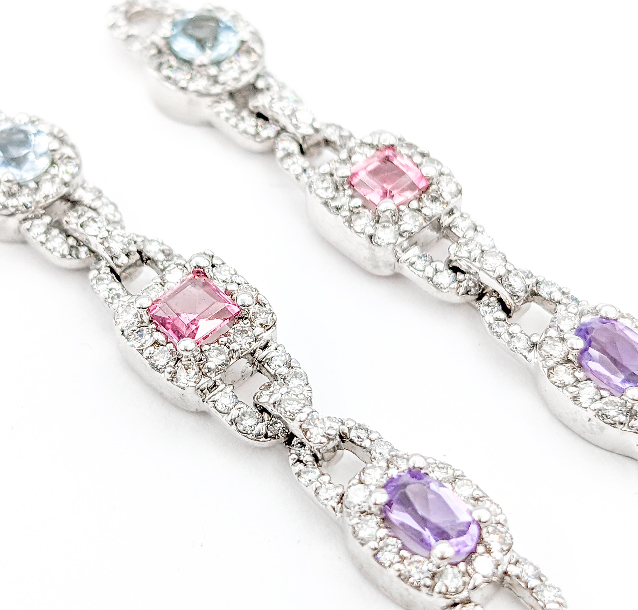 Round Cut Multi-Gemstone Aquamarine, Pink Tourmaline, Amethyst & Diamond Drop Earrings For Sale