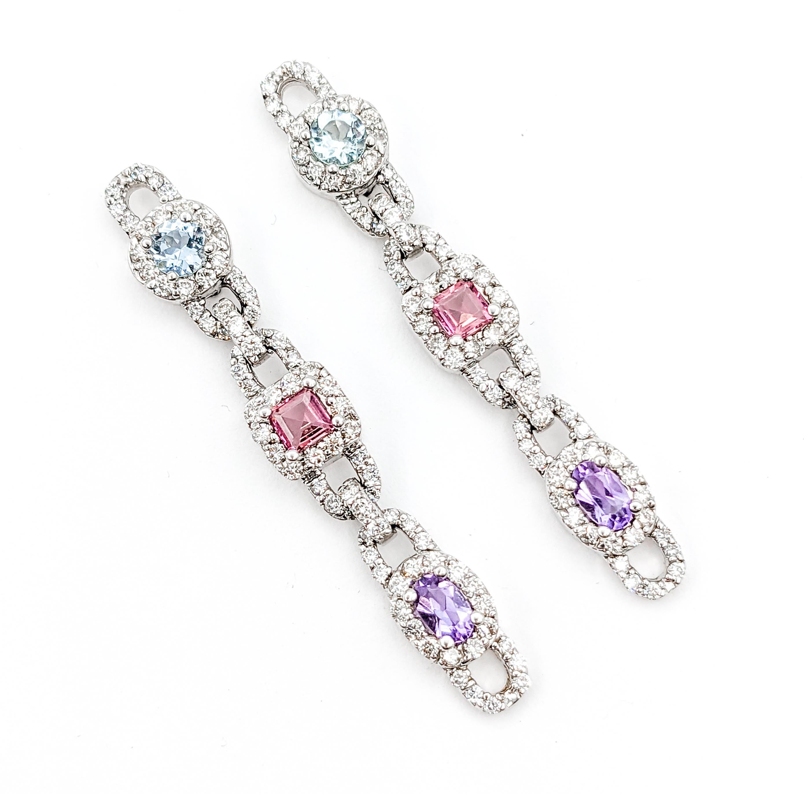 Multi-Gemstone Aquamarine, Pink Tourmaline, Amethyst & Diamond Drop Earrings In New Condition For Sale In Bloomington, MN