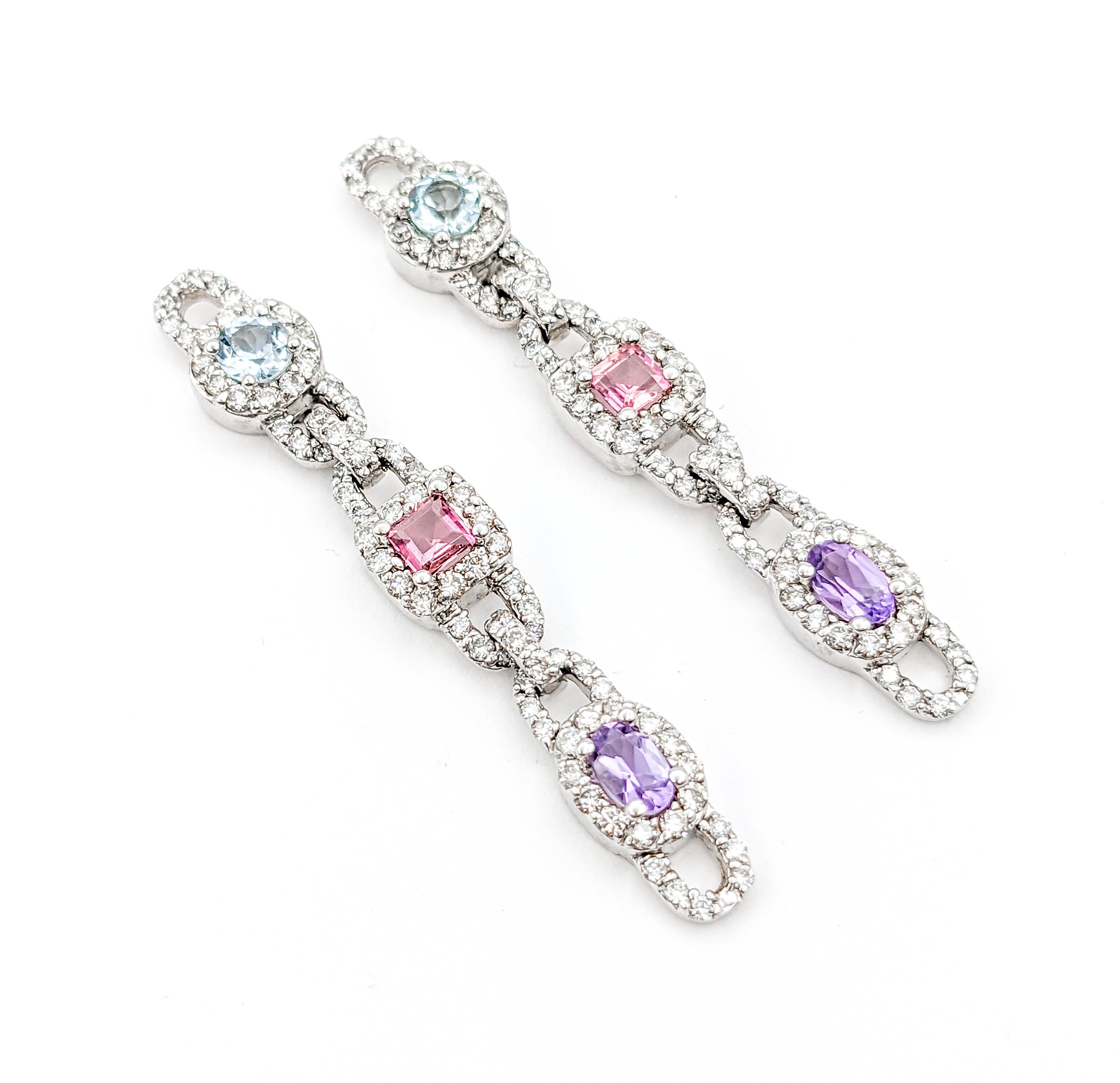 Women's Multi-Gemstone Aquamarine, Pink Tourmaline, Amethyst & Diamond Drop Earrings For Sale