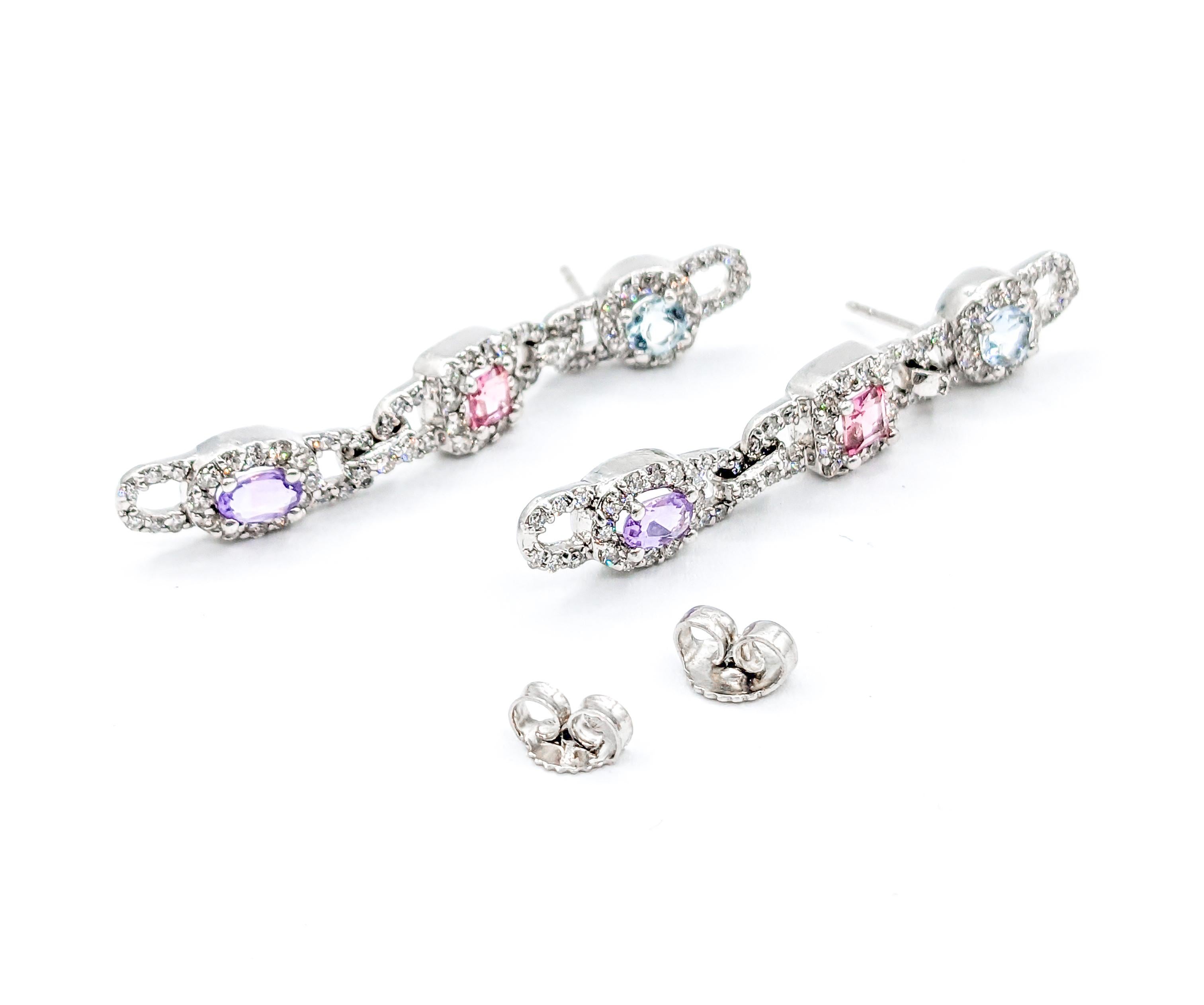 Multi-Gemstone Aquamarine, Pink Tourmaline, Amethyst & Diamond Drop Earrings For Sale 1