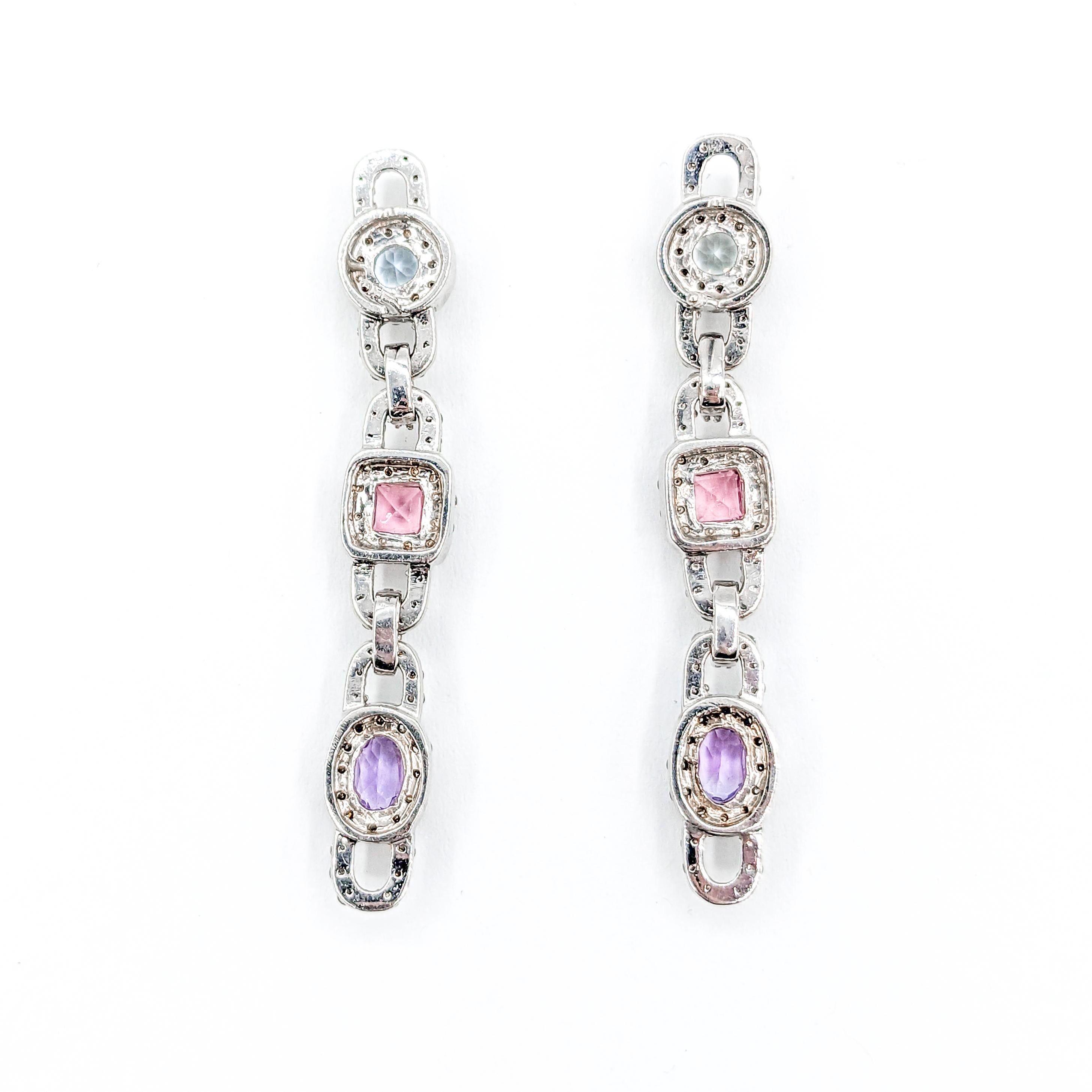 Multi-Gemstone Aquamarine, Pink Tourmaline, Amethyst & Diamond Drop Earrings For Sale 2