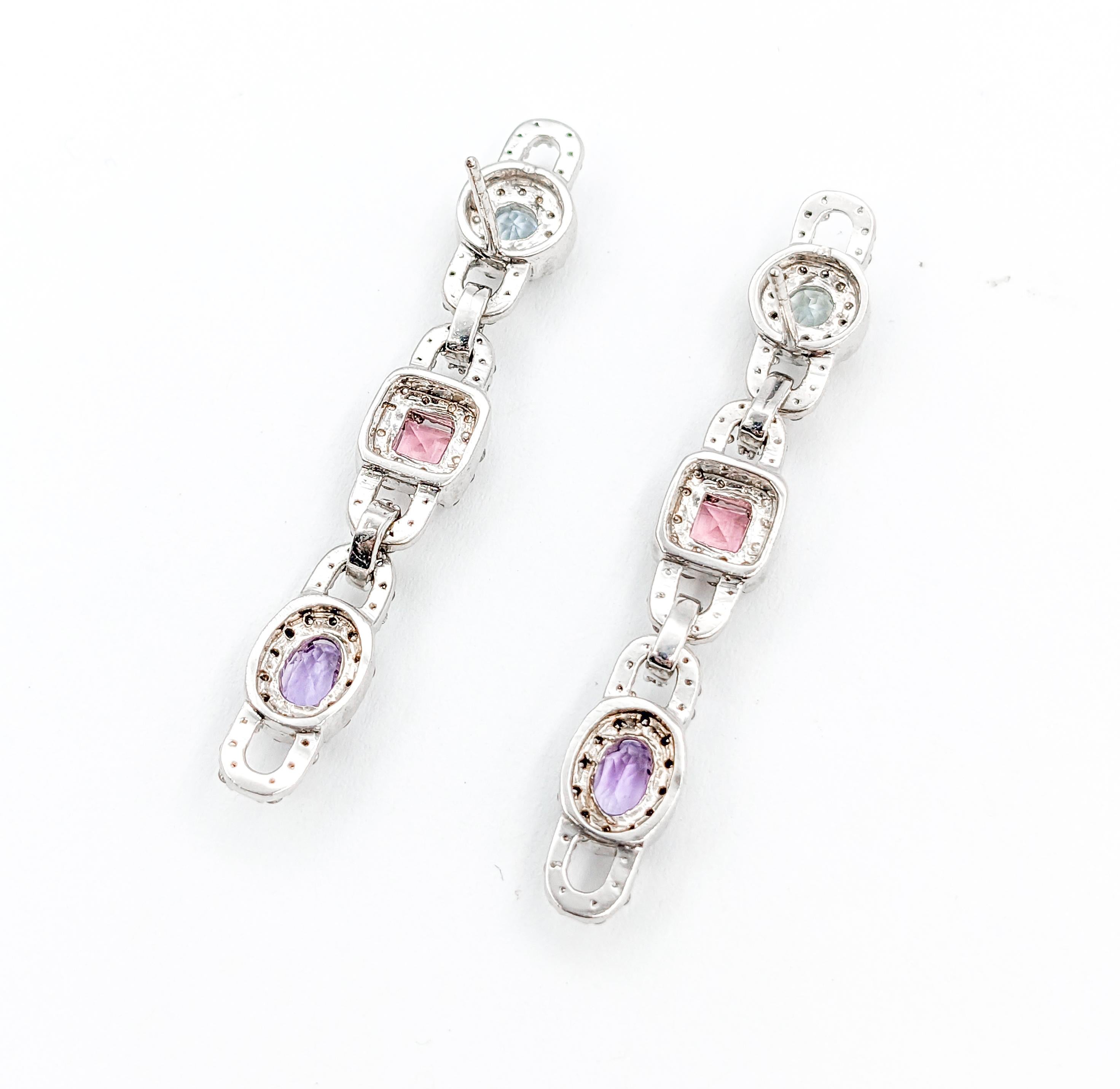 Multi-Gemstone Aquamarine, Pink Tourmaline, Amethyst & Diamond Drop Earrings For Sale 3