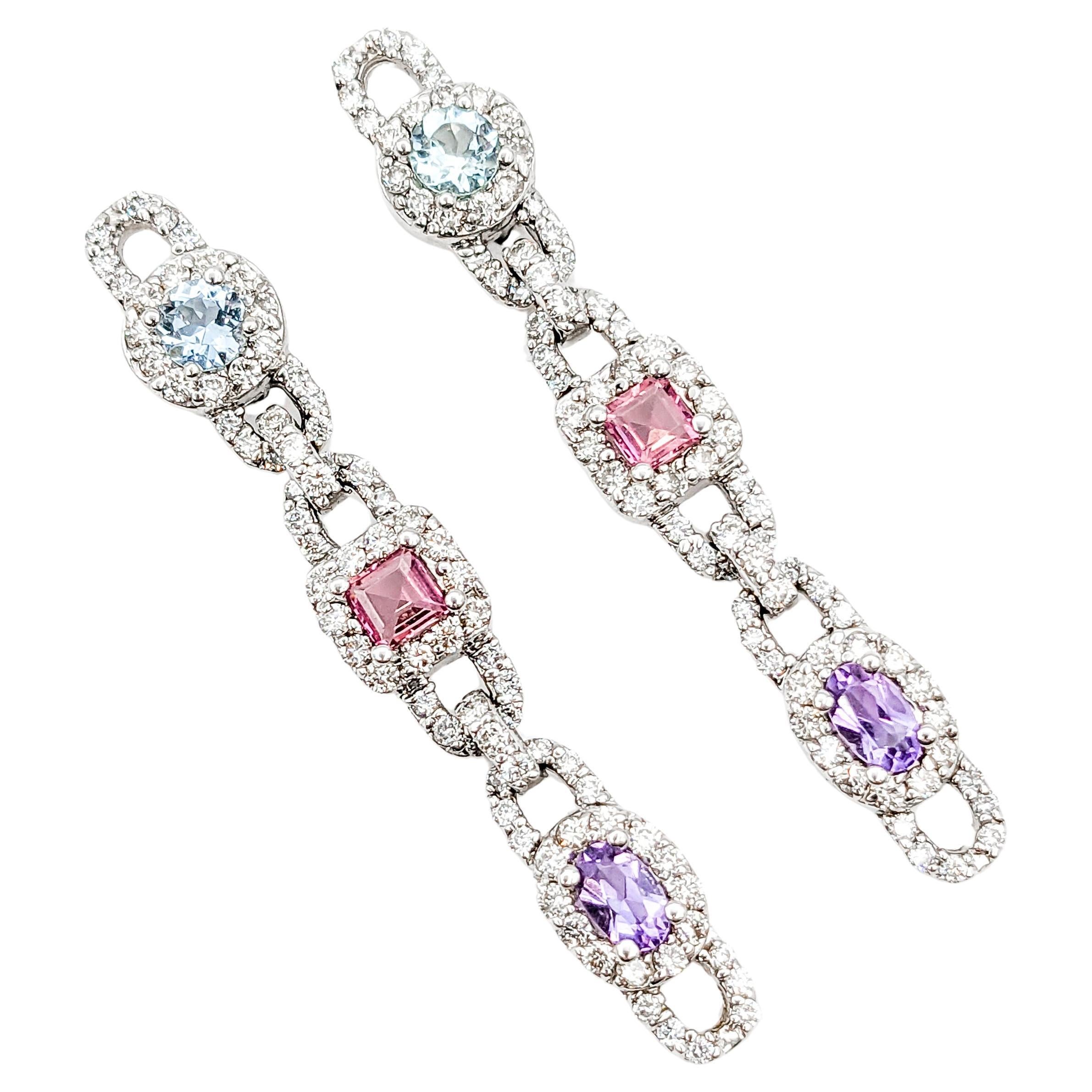 Multi-Gemstone Aquamarine, Pink Tourmaline, Amethyst & Diamond Drop Earrings For Sale