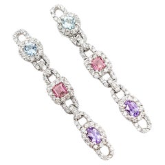 Multi-Gemstone Aquamarine, Pink Tourmaline, Amethyst & Diamond Drop Earrings