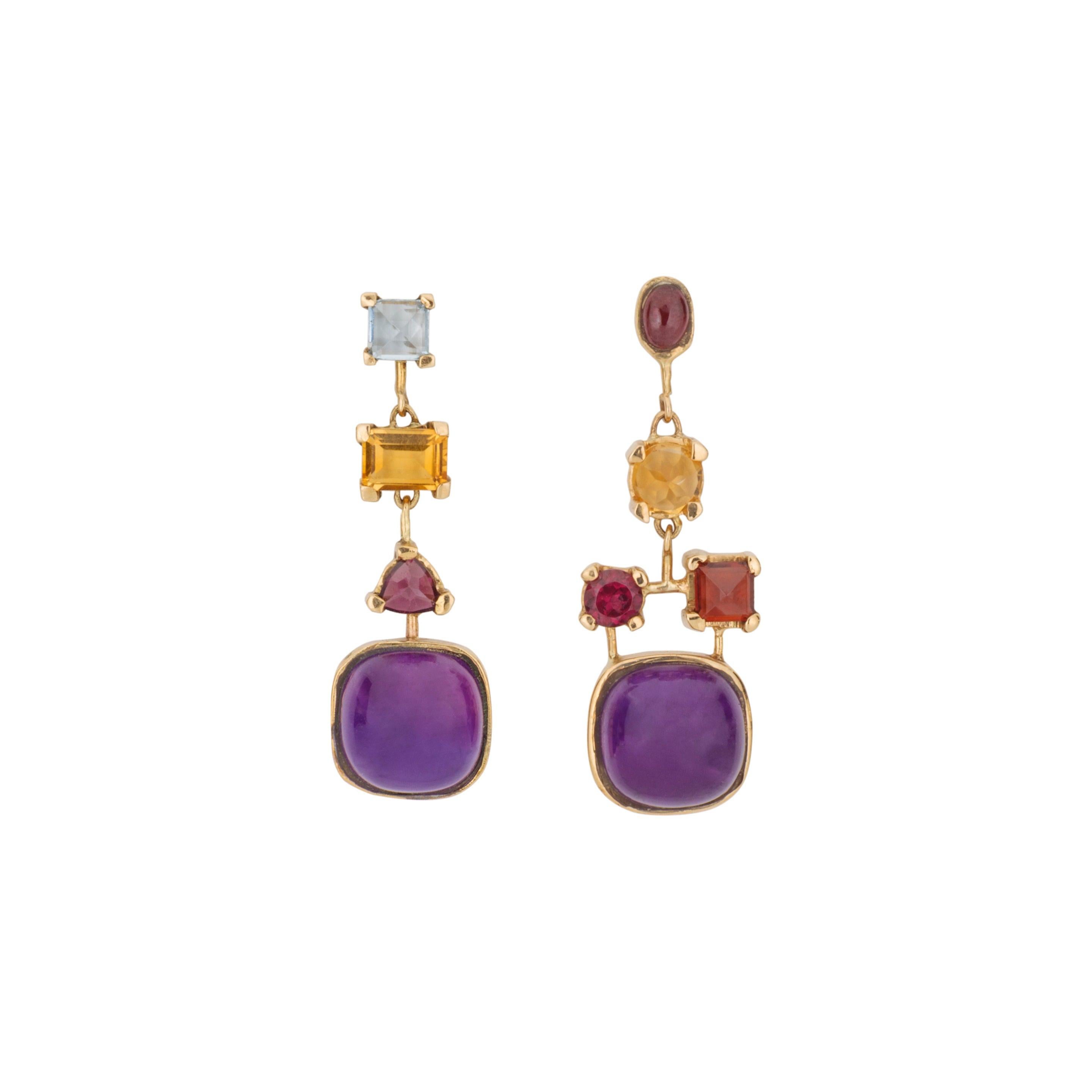 Multi Gemstone Asymmetrical 18K Amethyst Topaz Garnet Dangle Chandelier Earrings For Sale