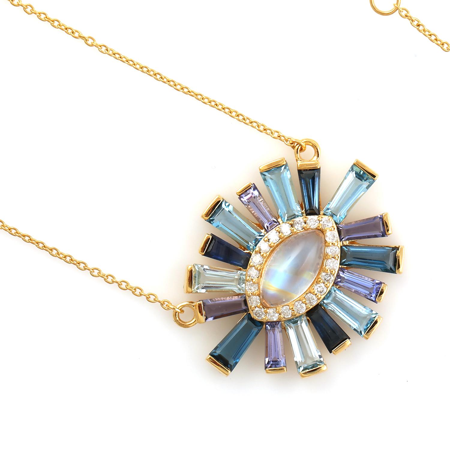 Taglio misto Collana con ciondolo multi gemma a forma di baguette con diamanti in oro 18 carati in vendita