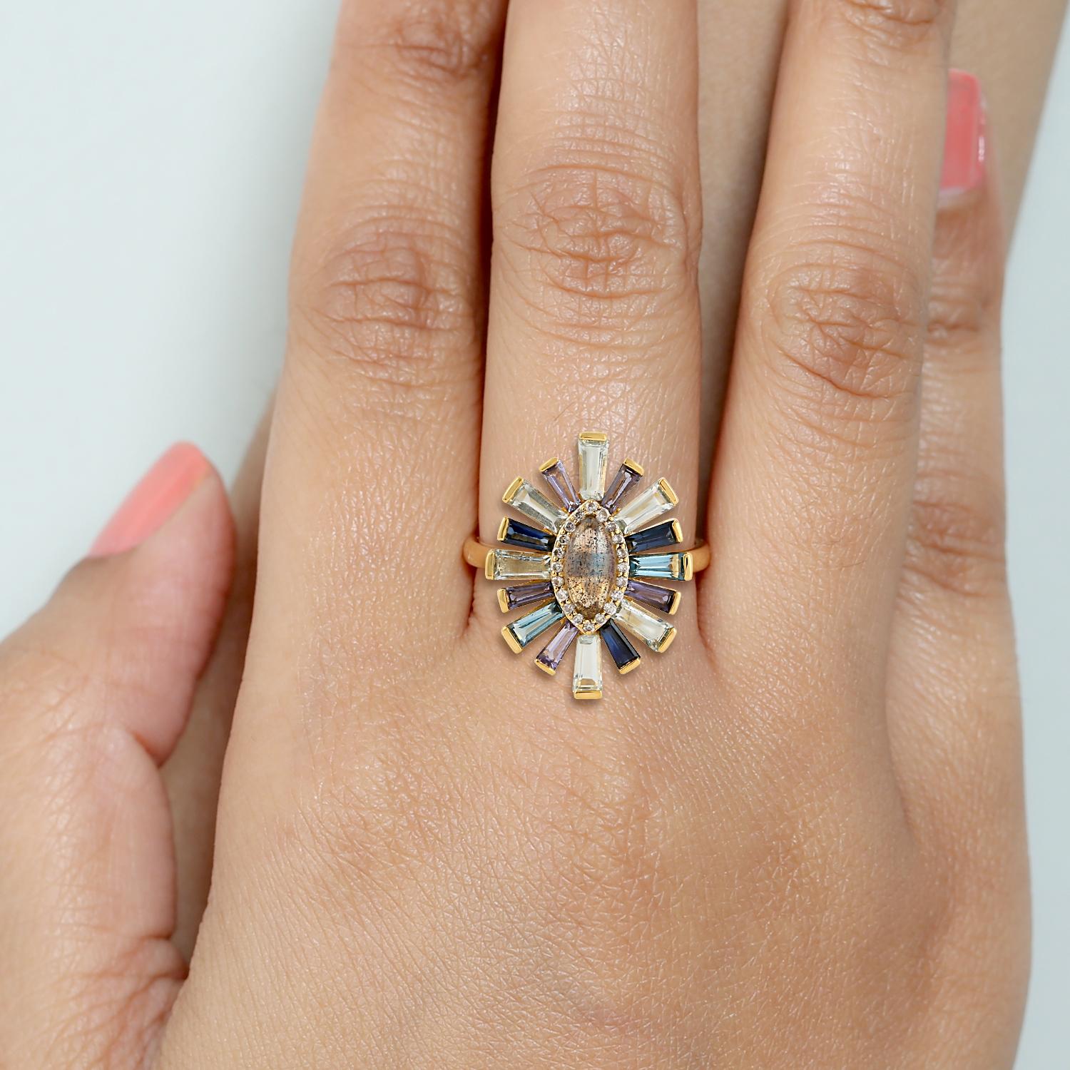 Artisan Multi Gemstone Baguette Evil Eye Ring With Diamonds Made In 18k Yellow Gold For Sale