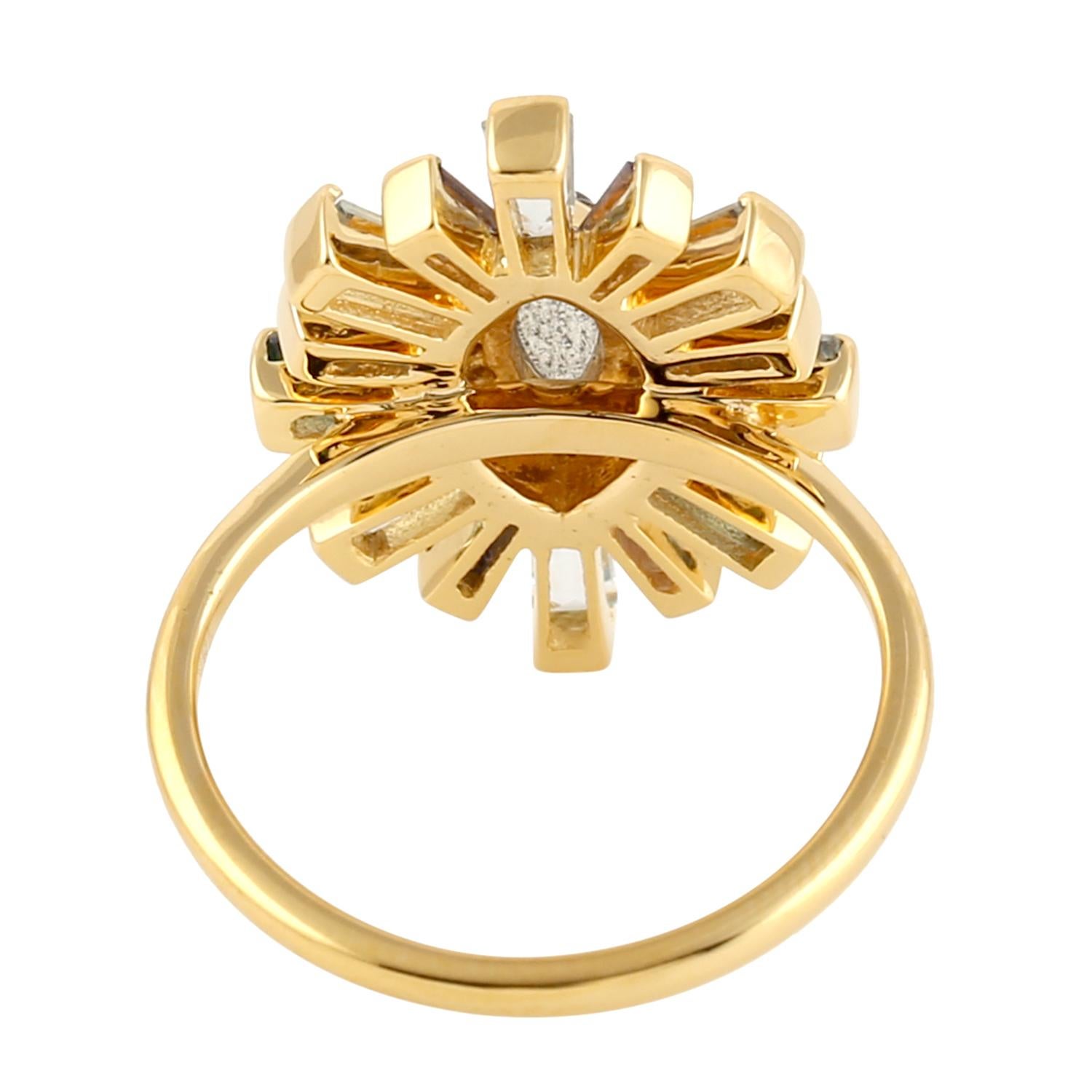 Mixed Cut Multi Gemstone Baguette Evil Eye Ring With Diamonds Made In 18k Yellow Gold For Sale