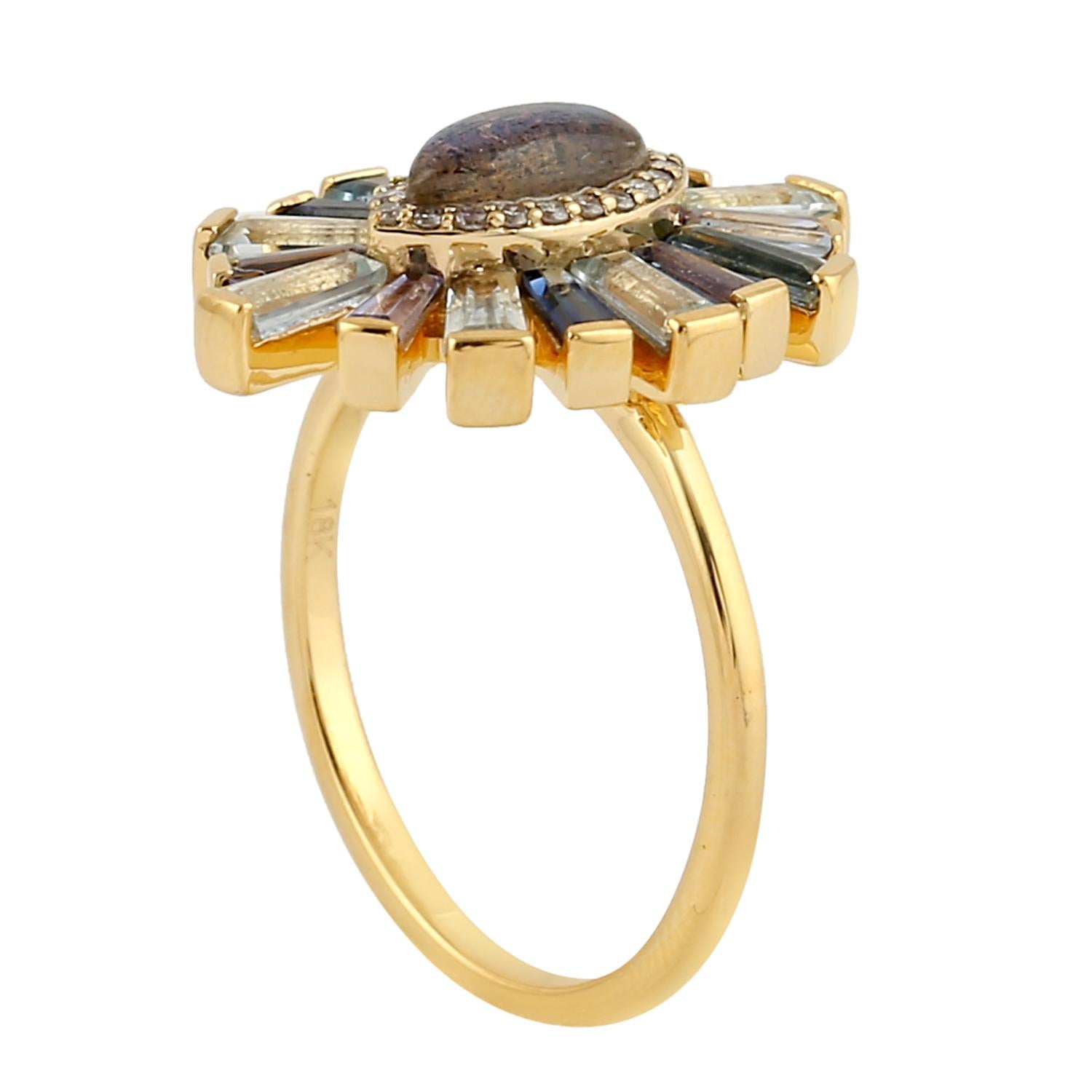 Multi Gemstone Baguette Evil Eye Ring With Diamonds Made In 18k Yellow Gold In New Condition For Sale In New York, NY