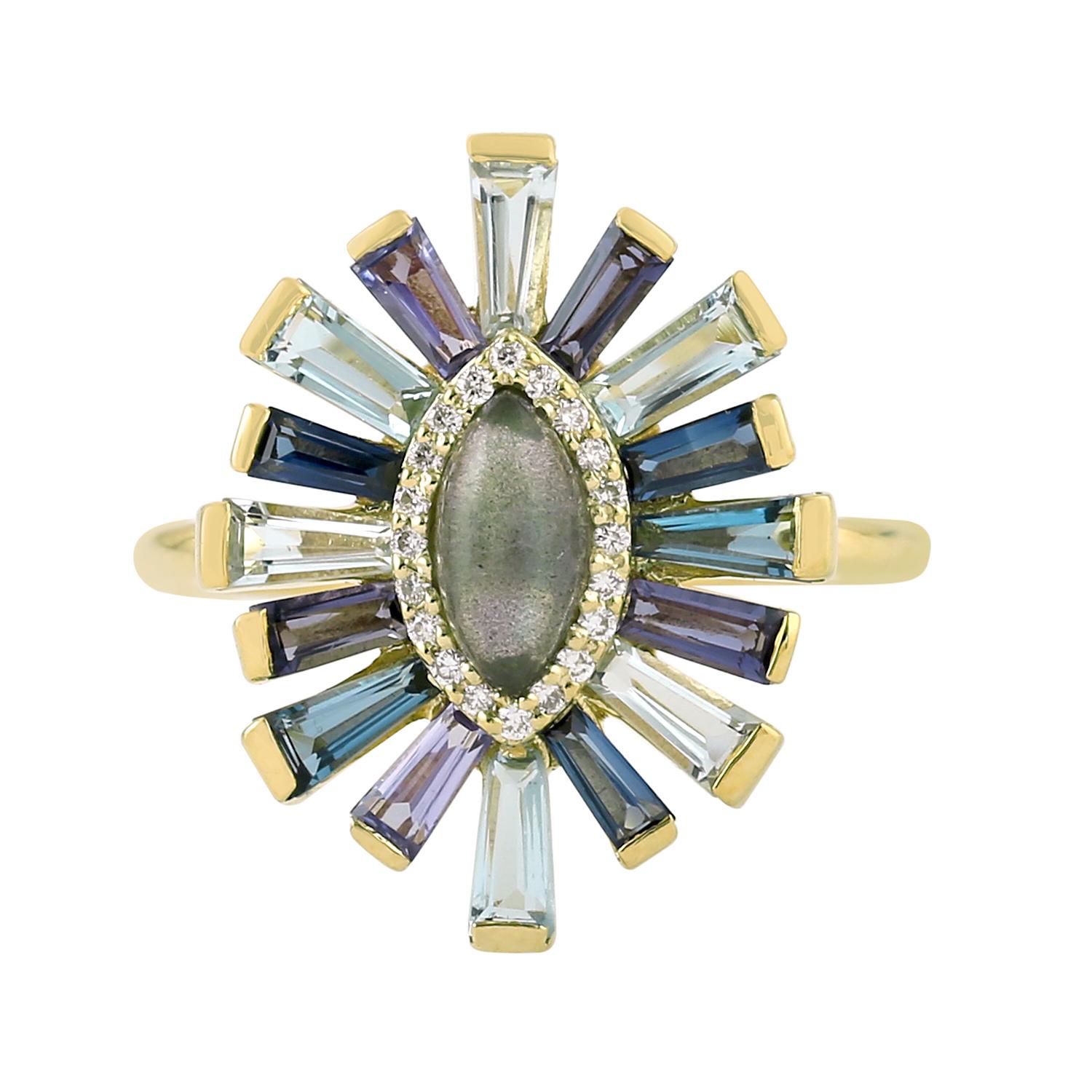 Women's Multi Gemstone Baguette Evil Eye Ring With Diamonds Made In 18k Yellow Gold For Sale